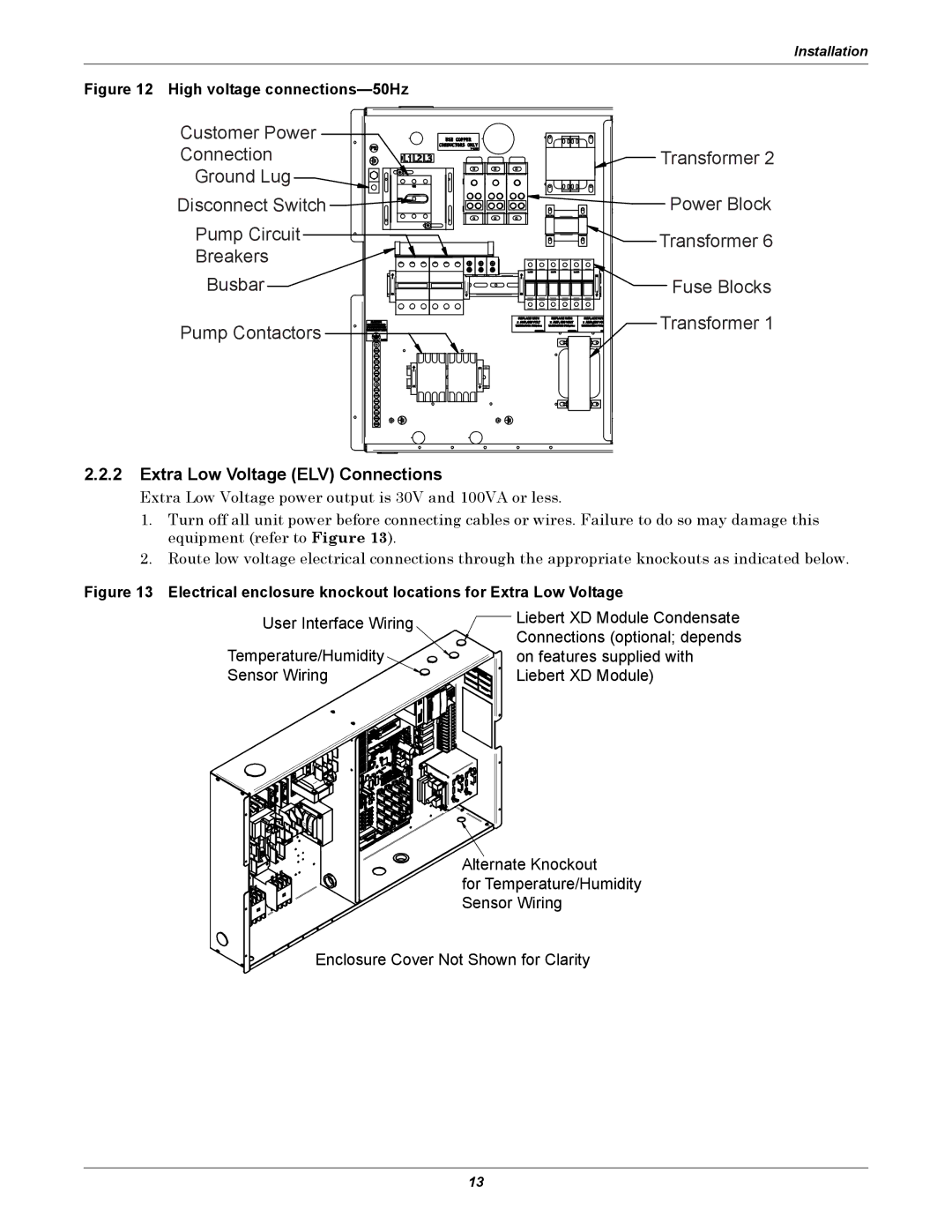 Liebert XDP160RC, XDP160RM, XDP160RA user manual Extra Low Voltage ELV Connections, High voltage connections-50Hz 