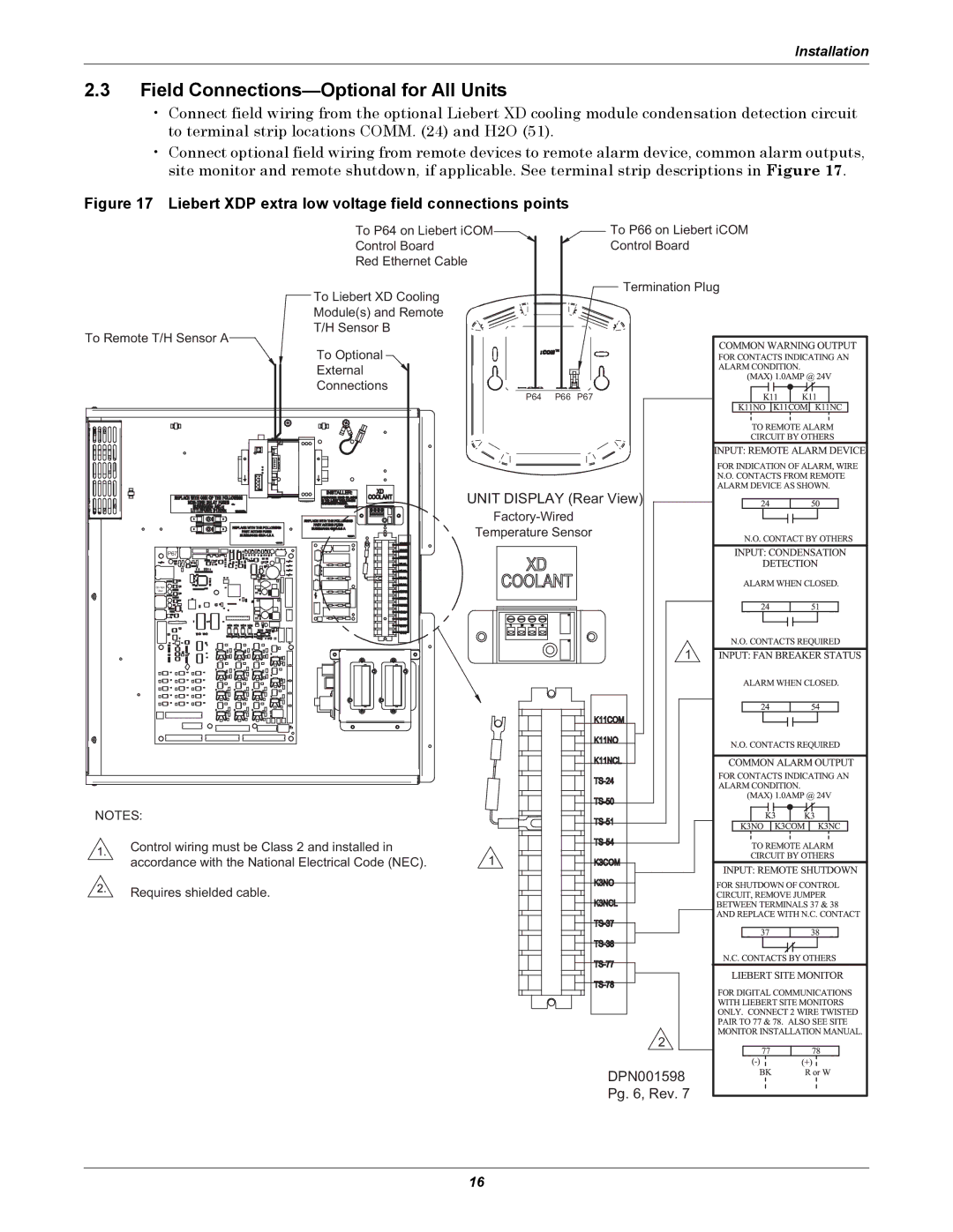 Liebert XDP160RC Field Connections-Optional for All Units, Liebert XDP extra low voltage field connections points 