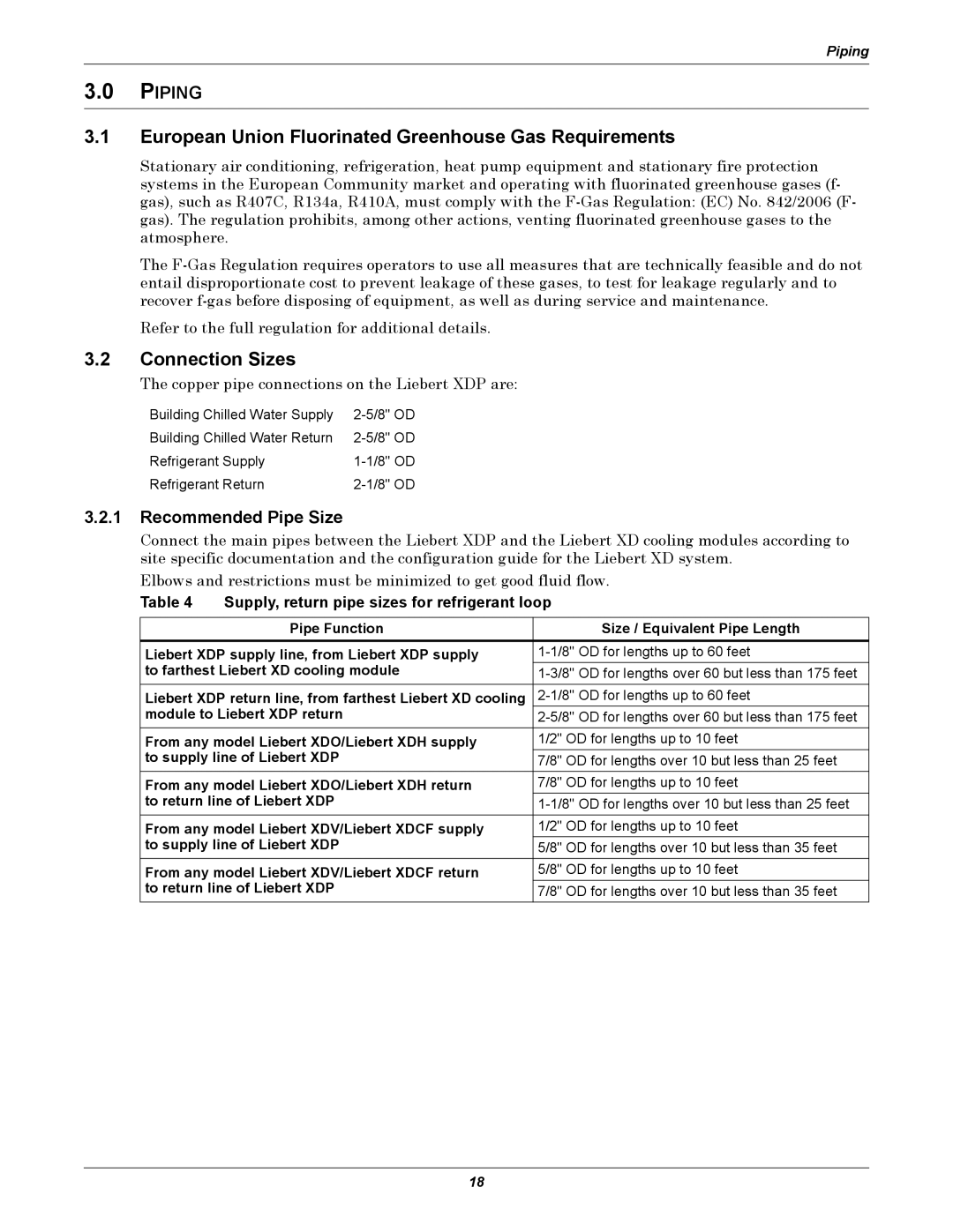 Liebert XDP160RM, XDP160RC European Union Fluorinated Greenhouse Gas Requirements, Connection Sizes, Recommended Pipe Size 