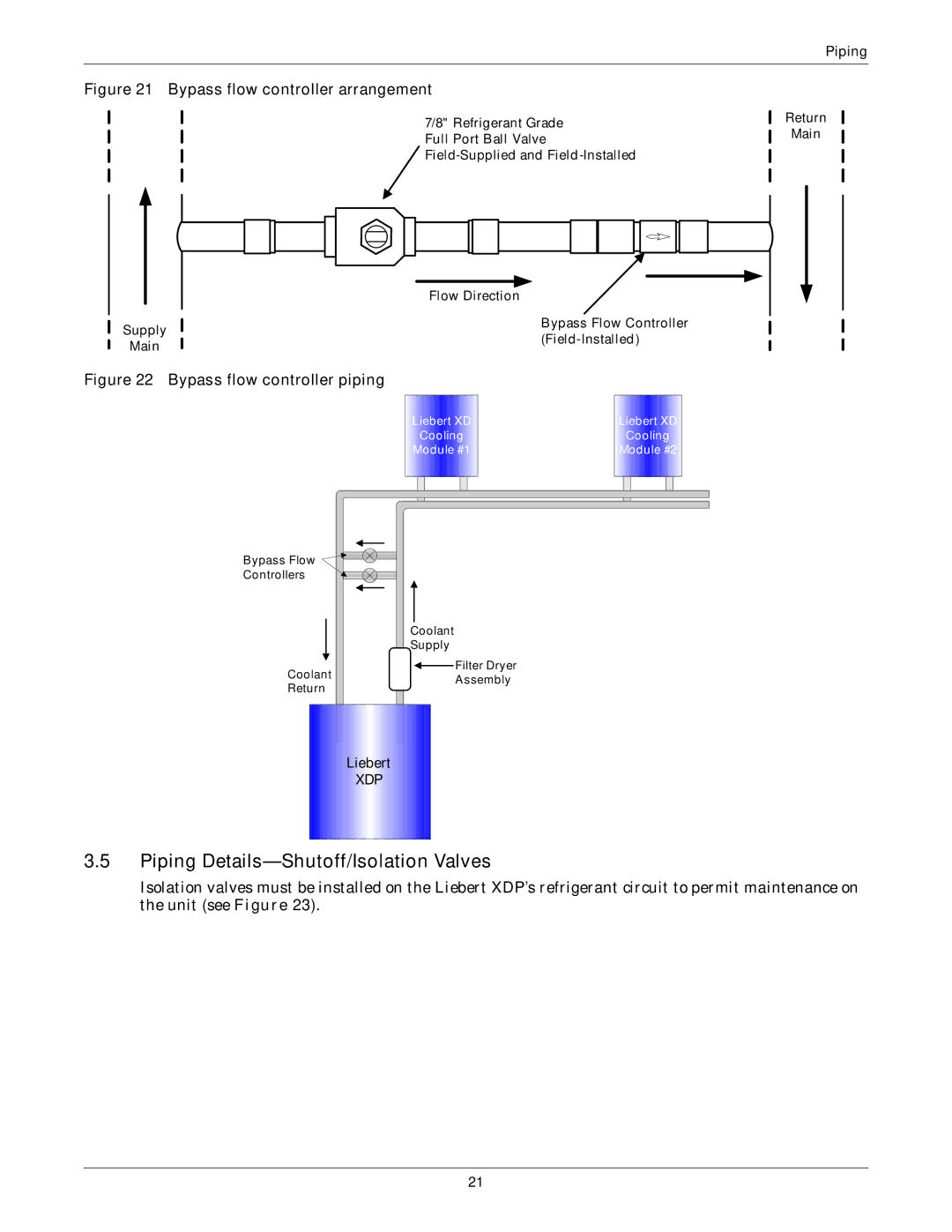 Liebert XDP160RM, XDP160RC, XDP160RA user manual Piping Details-Shutoff/Isolation Valves, Bypass flow controller arrangement 