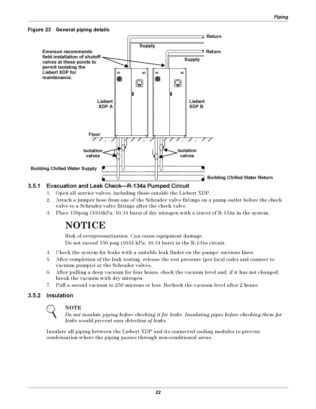 Liebert XDP160RC, XDP160RM Evacuation and Leak Check-R-134a Pumped Circuit, Insulation, Floor Supply Return Liebert 