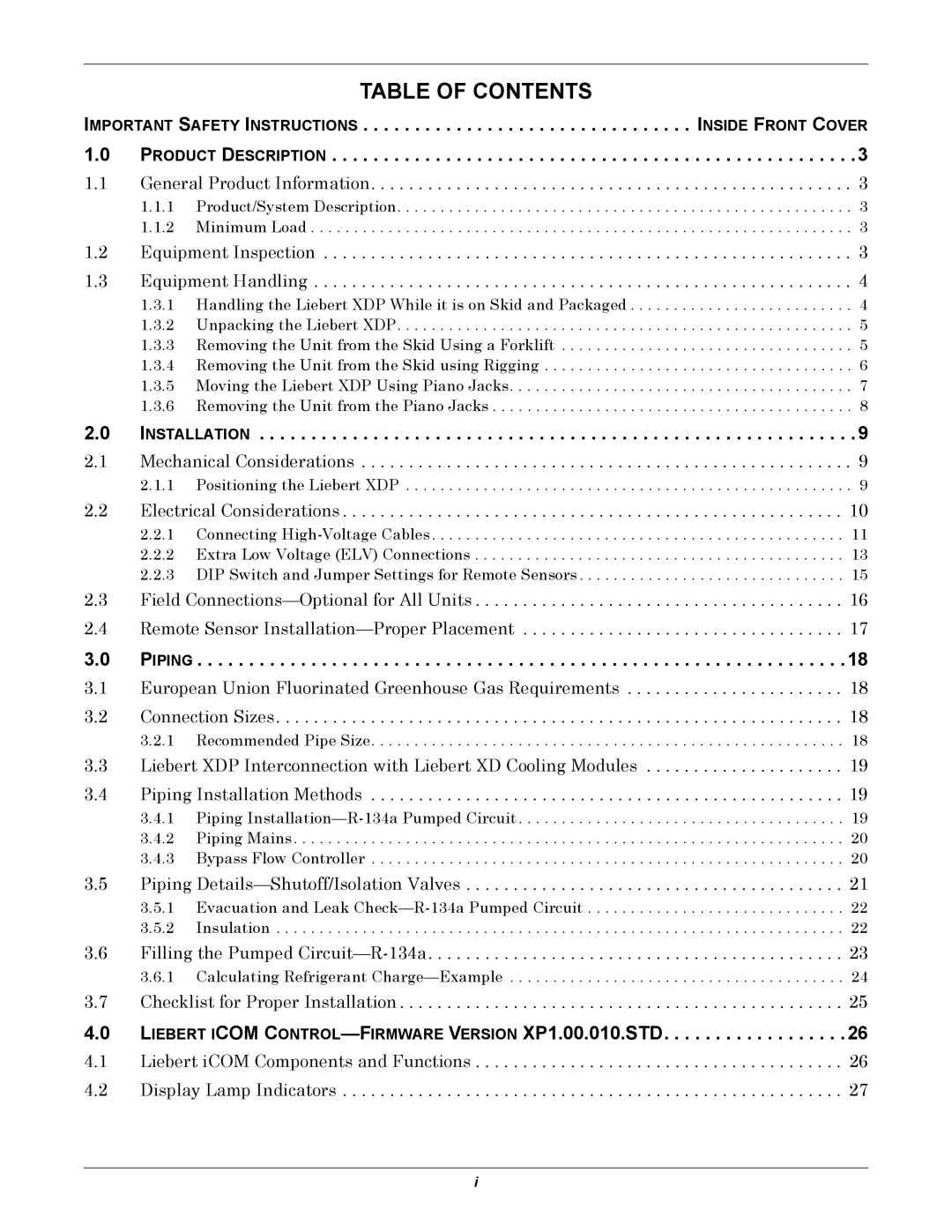 Liebert XDP160RM, XDP160RC, XDP160RA user manual Table of Contents 