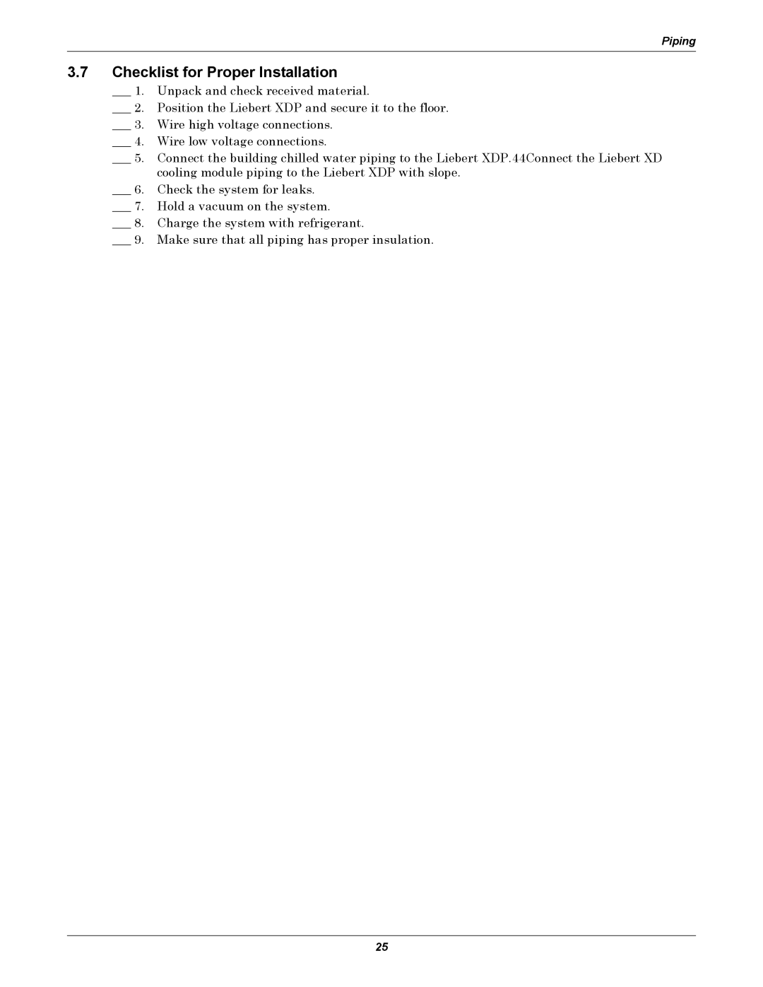 Liebert XDP160RC, XDP160RM, XDP160RA user manual Checklist for Proper Installation 