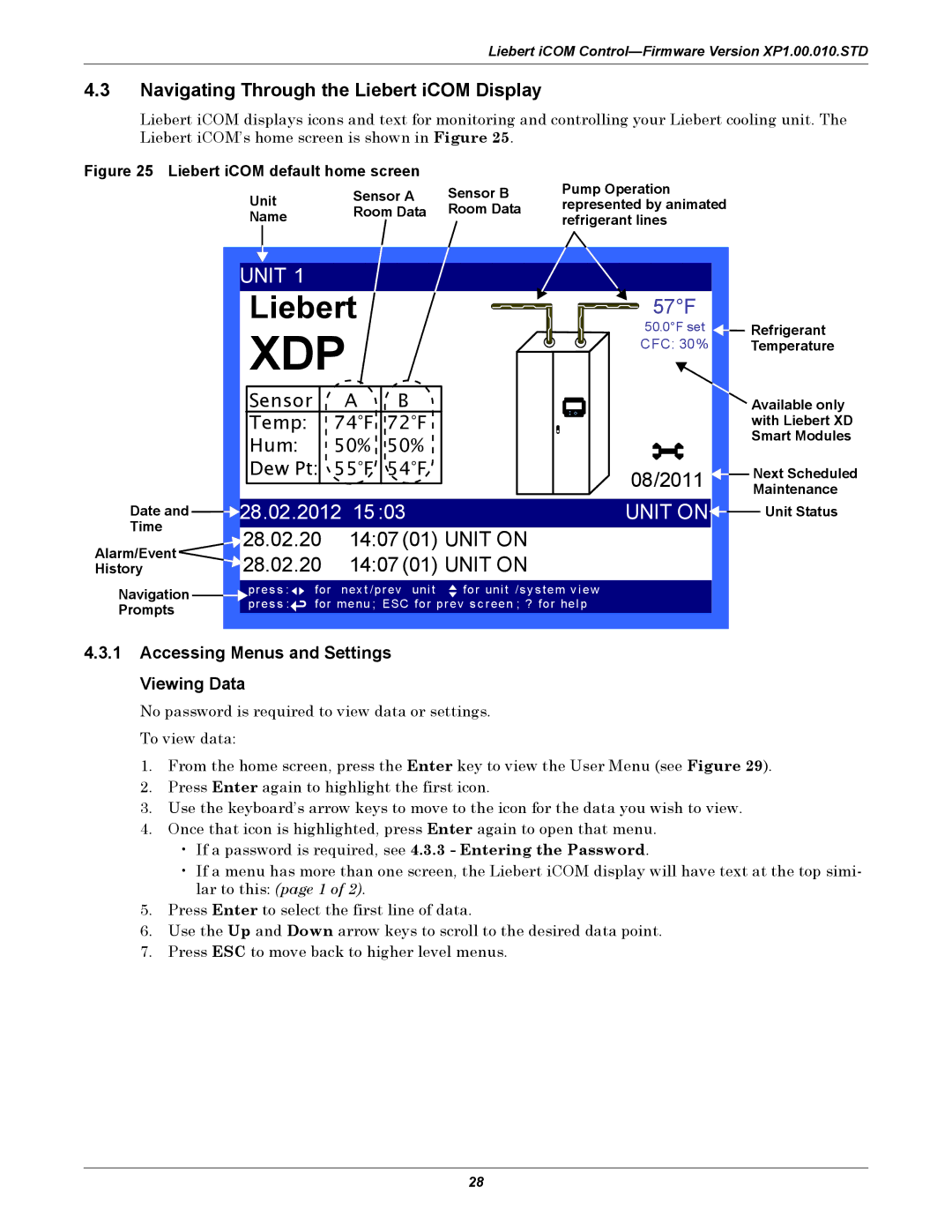 Liebert XDP160RC, XDP160RM, XDP160RA Navigating Through the Liebert iCOM Display, Accessing Menus and Settings Viewing Data 