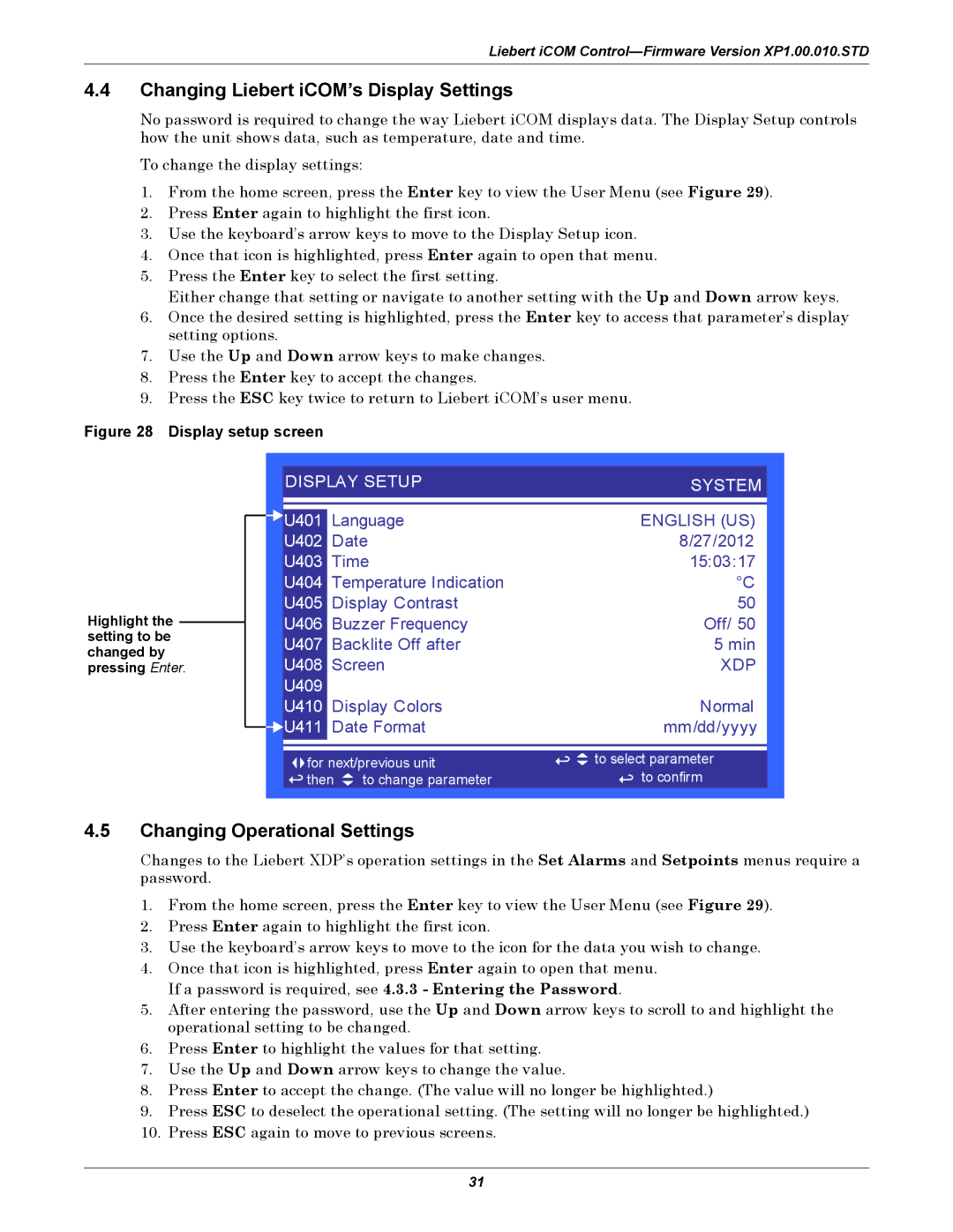 Liebert XDP160RC, XDP160RM Changing Liebert iCOM’s Display Settings, Changing Operational Settings, English US, Xdp 