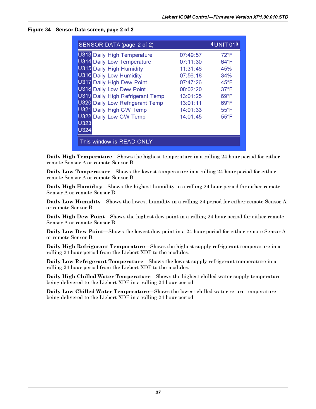 Liebert XDP160RC, XDP160RM, XDP160RA user manual Sensor Data screen, page 2 