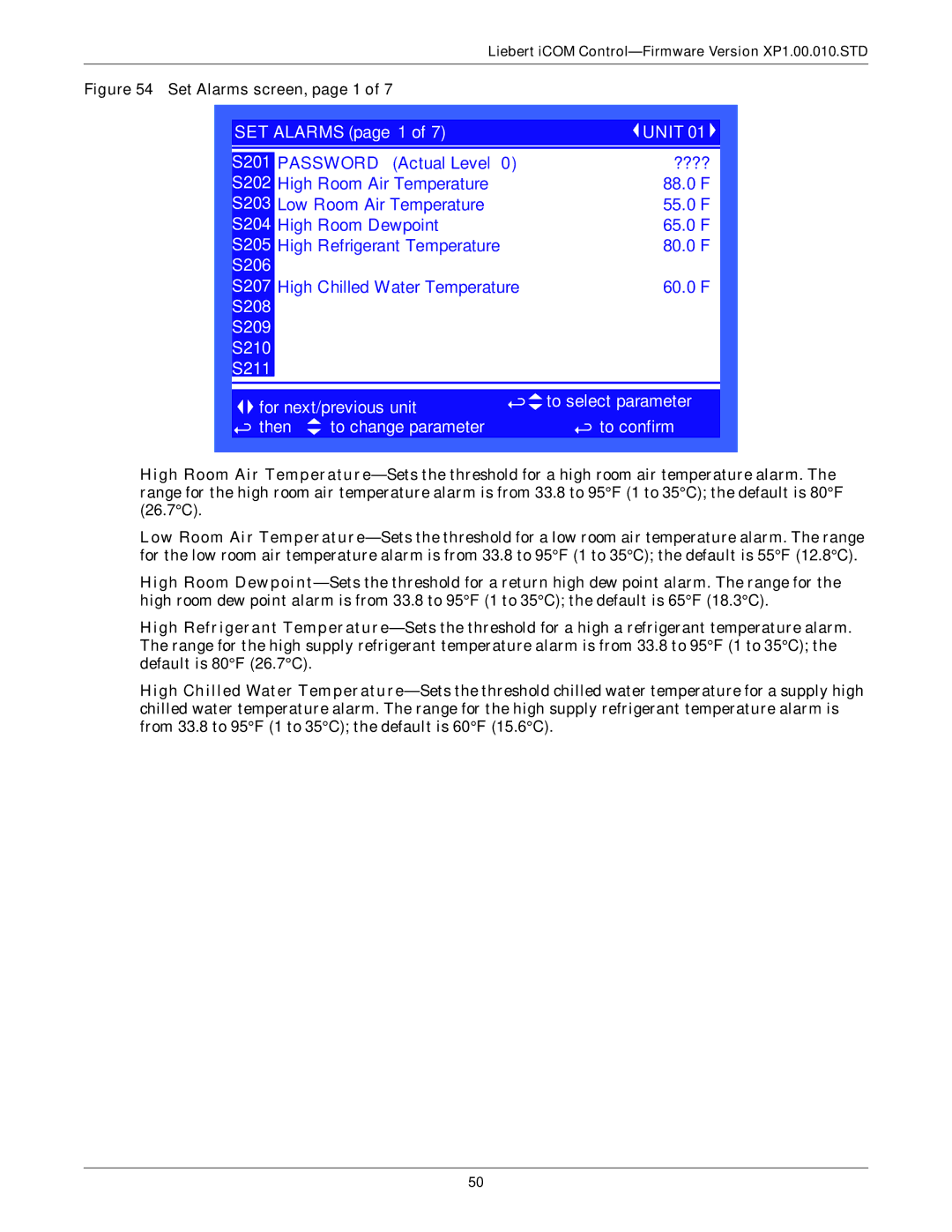 Liebert XDP160RA, XDP160RM, XDP160RC user manual Set Alarms screen, page 1 