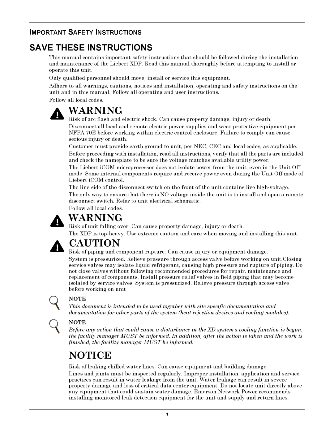 Liebert XDP160RC, XDP160RM, XDP160RA user manual Important Safety Instructions 