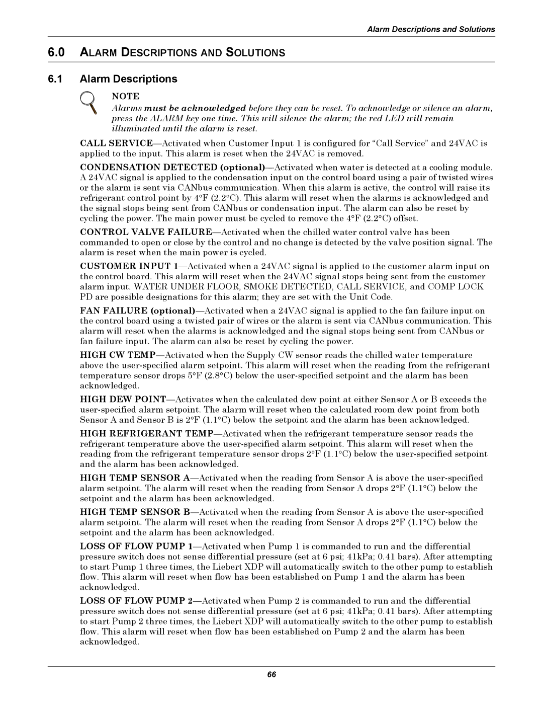 Liebert XDP160RM, XDP160RC, XDP160RA user manual Alarm Descriptions 