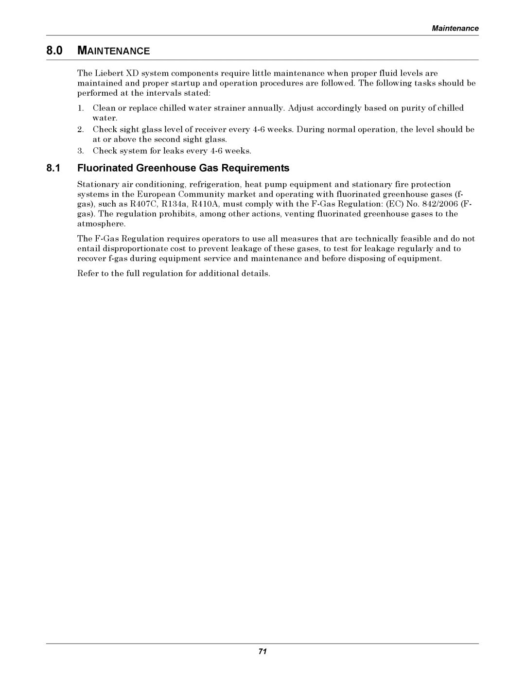 Liebert XDP160RA, XDP160RM, XDP160RC user manual Fluorinated Greenhouse Gas Requirements, Maintenance 