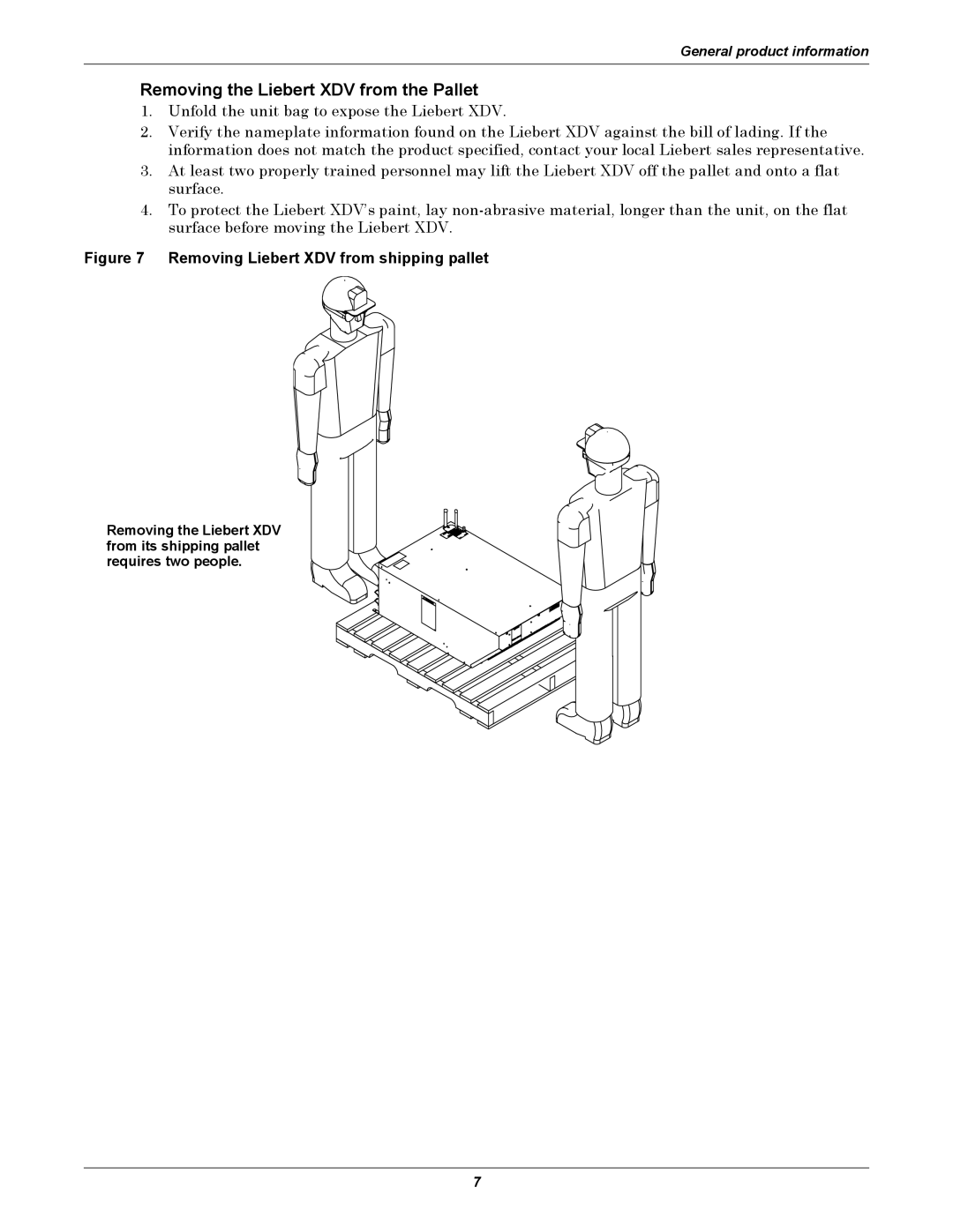 Liebert manual Removing the Liebert XDV from the Pallet, Removing Liebert XDV from shipping pallet 