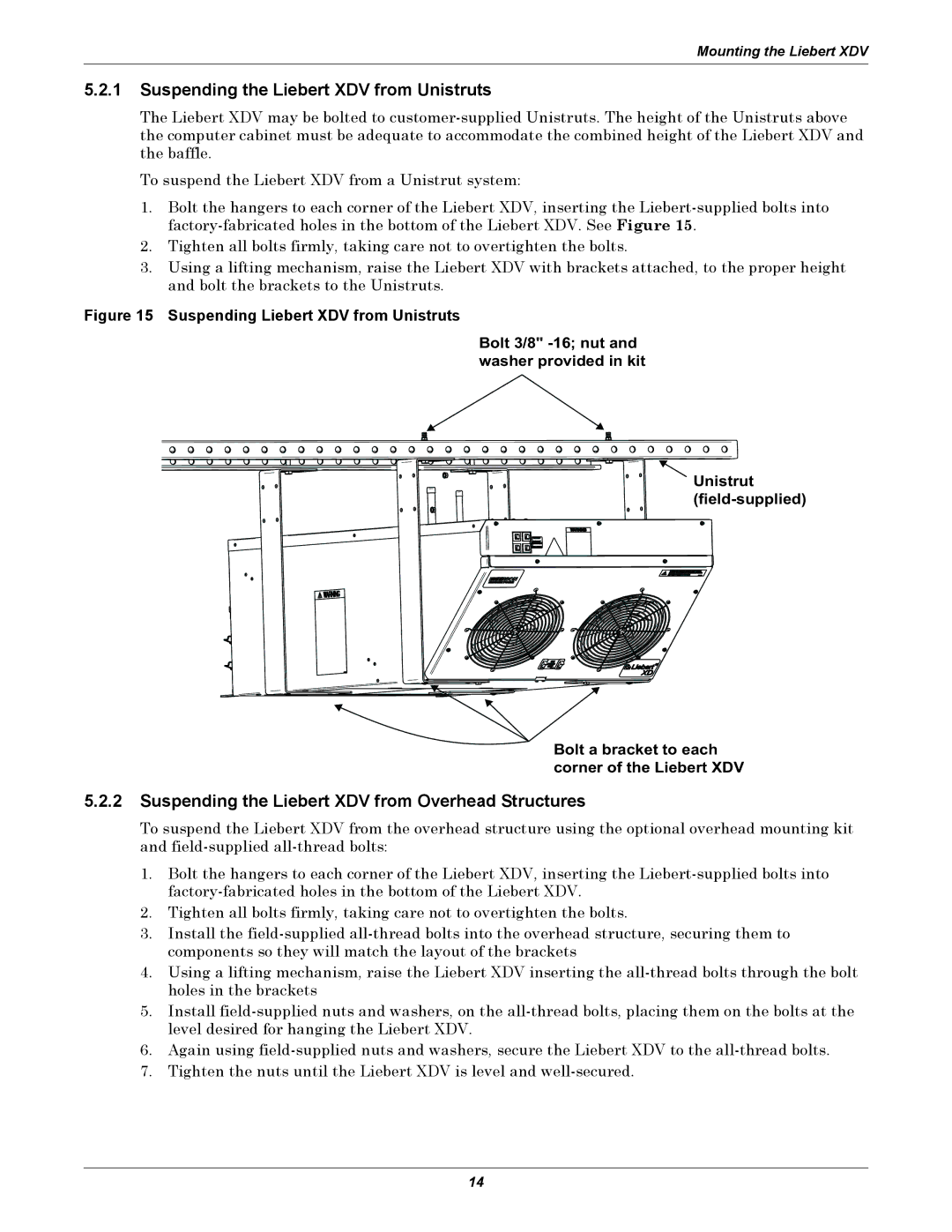 Liebert manual Suspending the Liebert XDV from Unistruts, Suspending the Liebert XDV from Overhead Structures 