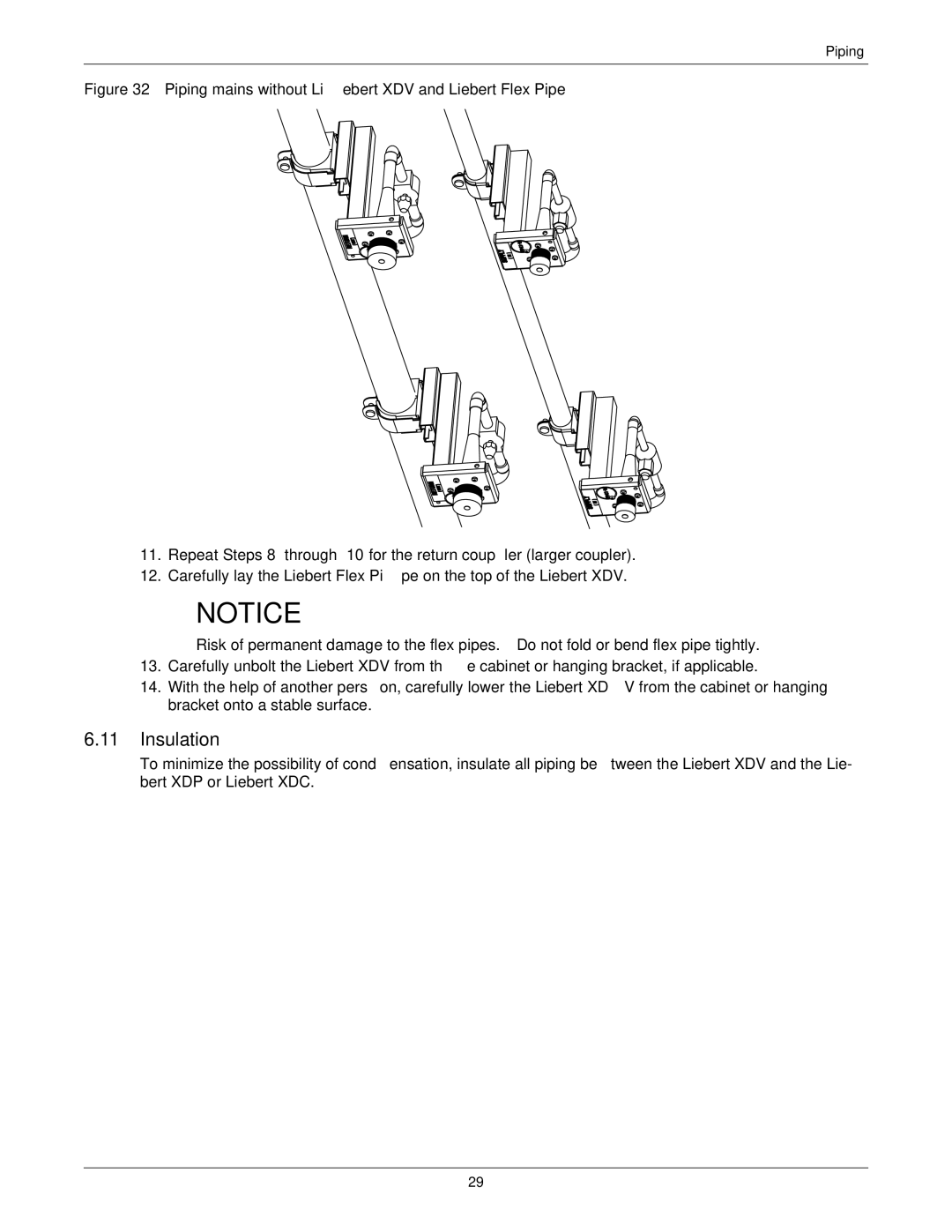 Liebert manual Insulation, Piping mains without Liebert XDV and Liebert Flex Pipe 