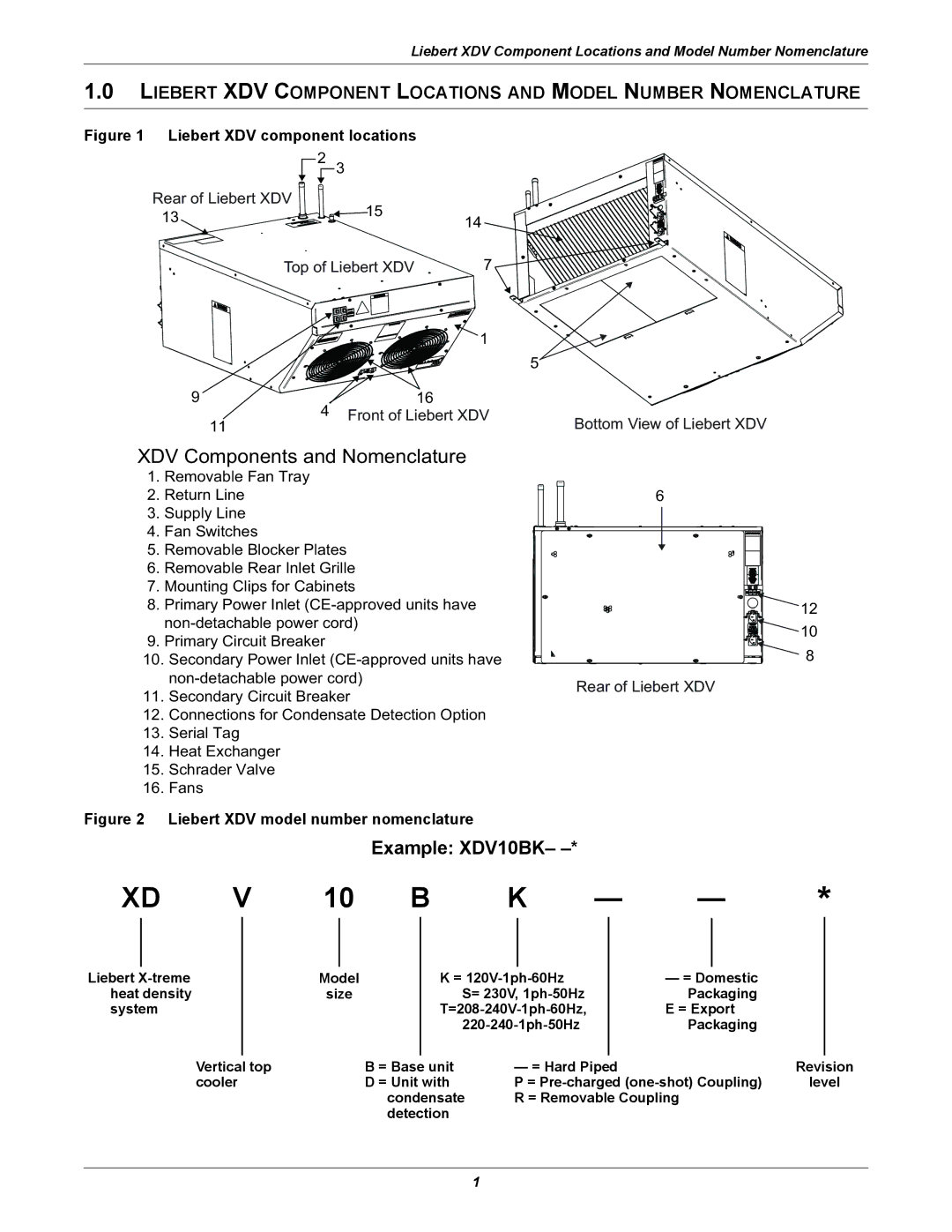 Liebert manual Example XDV10BK, Liebert XDV component locations 