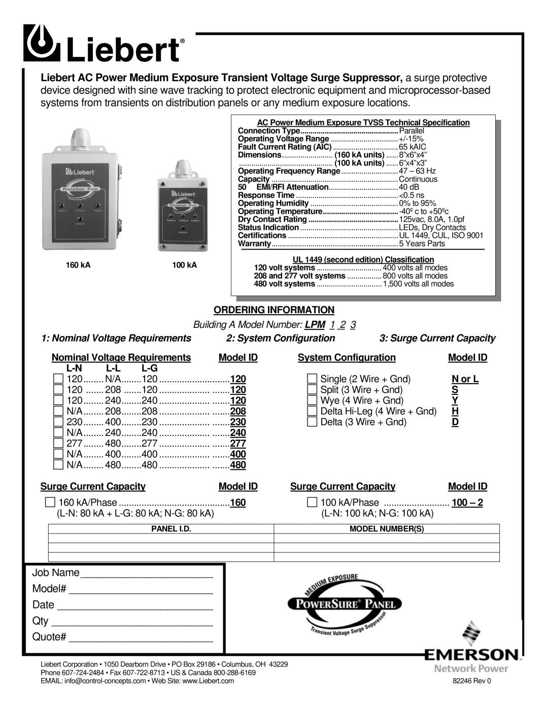 Liebert S dimensions Job Name Model# Date Qty Quote#, Ordering Information, 160 kA, UL 1449 second edition Classification 