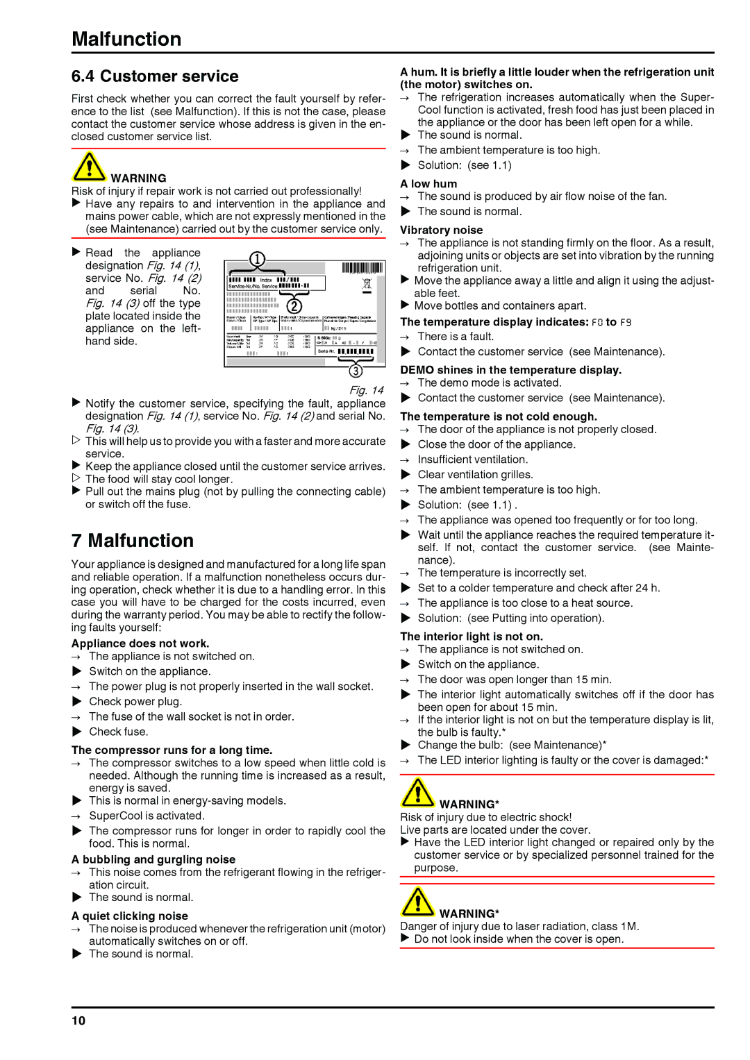 Liebherr 120309 7084442 - 00 installation instructions Malfunction, Customer service 