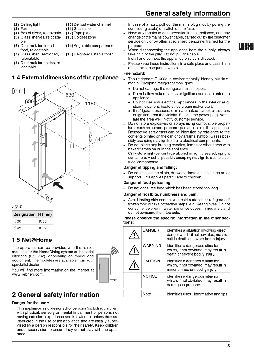 Liebherr 120309 7084442 - 00 General safety information, External dimensions of the appliance, Net@Home 