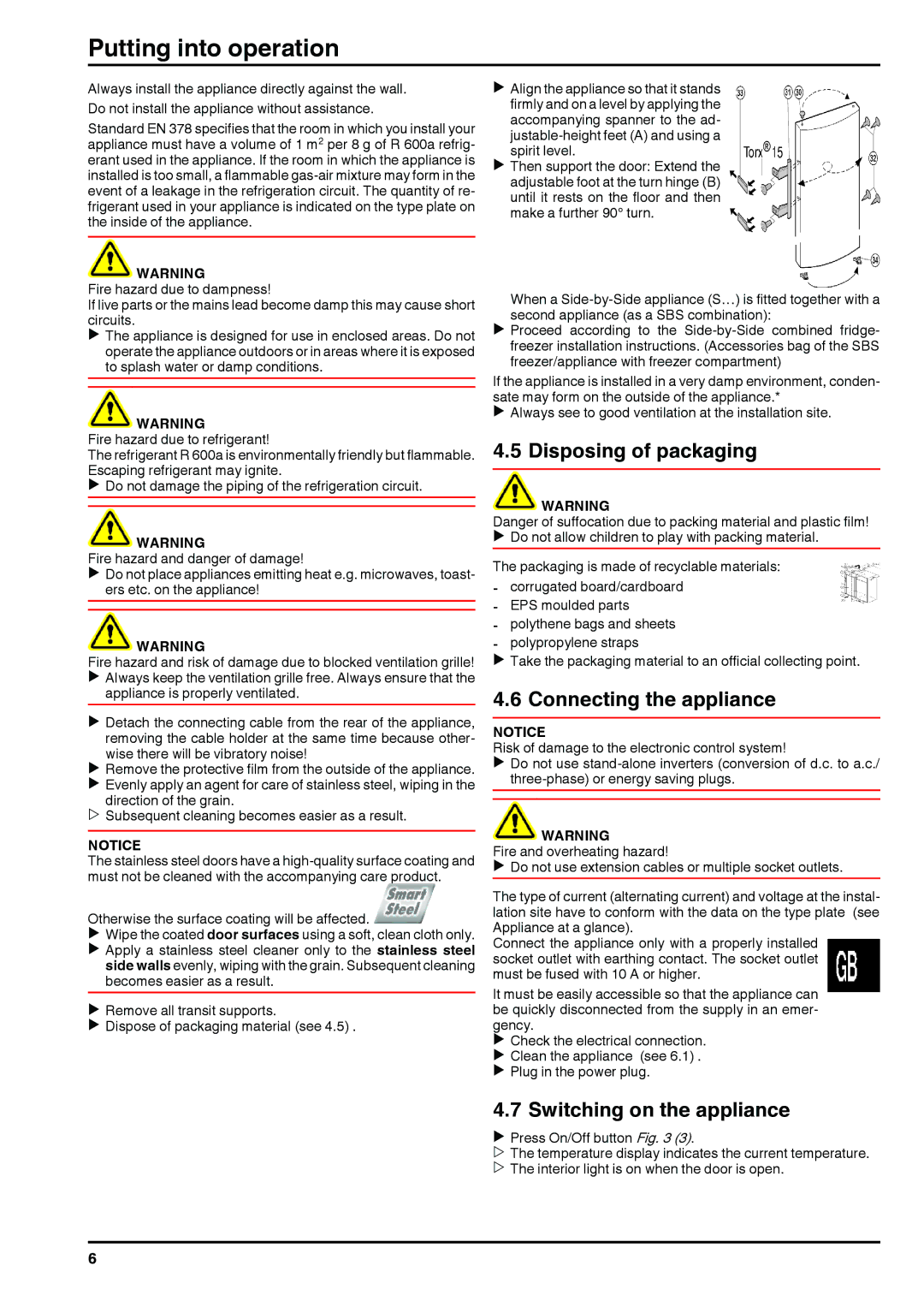 Liebherr 120309 7084442 - 00 Disposing of packaging, Connecting the appliance, Switching on the appliance 