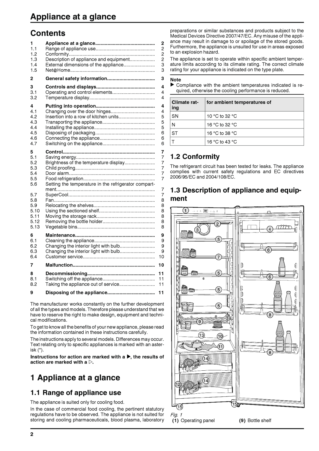 Liebherr 120309 7084442 - 00 Appliance at a glance, Contents, Conformity, Description of appliance and equip, ment 