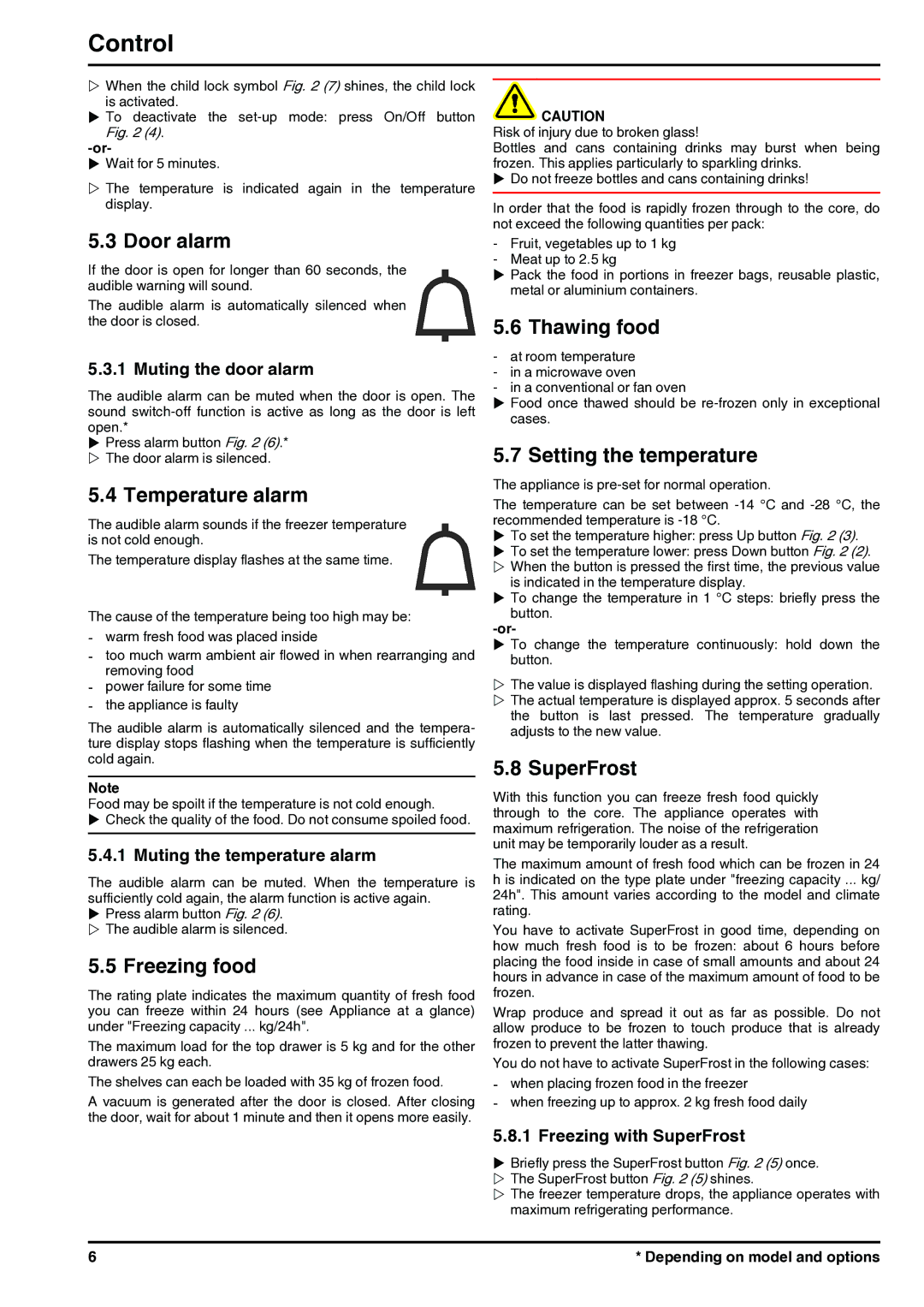 Liebherr 120713 7082694 - 01 manual Door alarm, Temperature alarm, Freezing food, Thawing food, Setting the temperature 