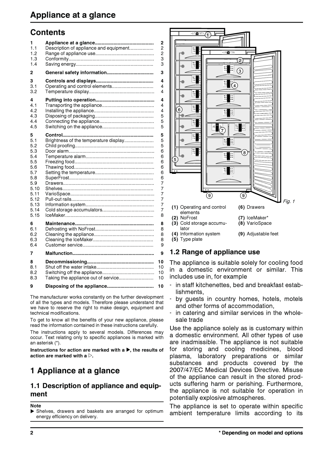 Liebherr 120713 7082694 - 01 manual Appliance at a glance, Contents, Description of appliance and equip- ment 