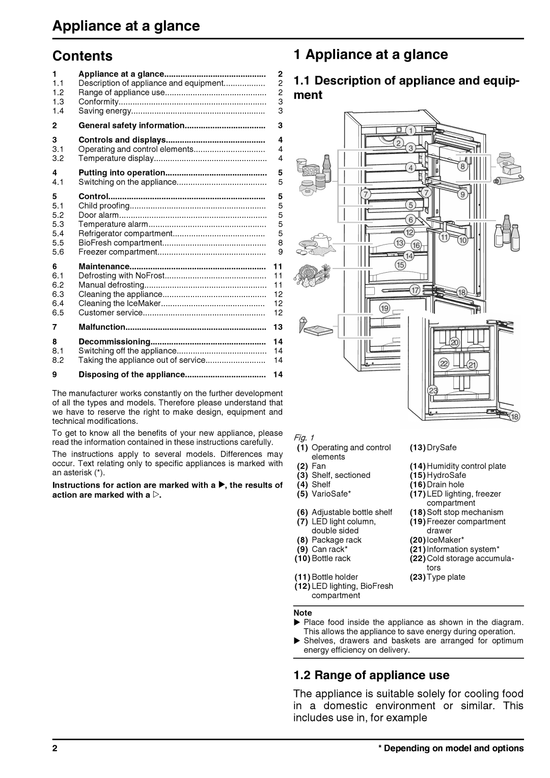 Liebherr 131113 7085462 - 01 operating instructions Appliance at a glance, Contents 