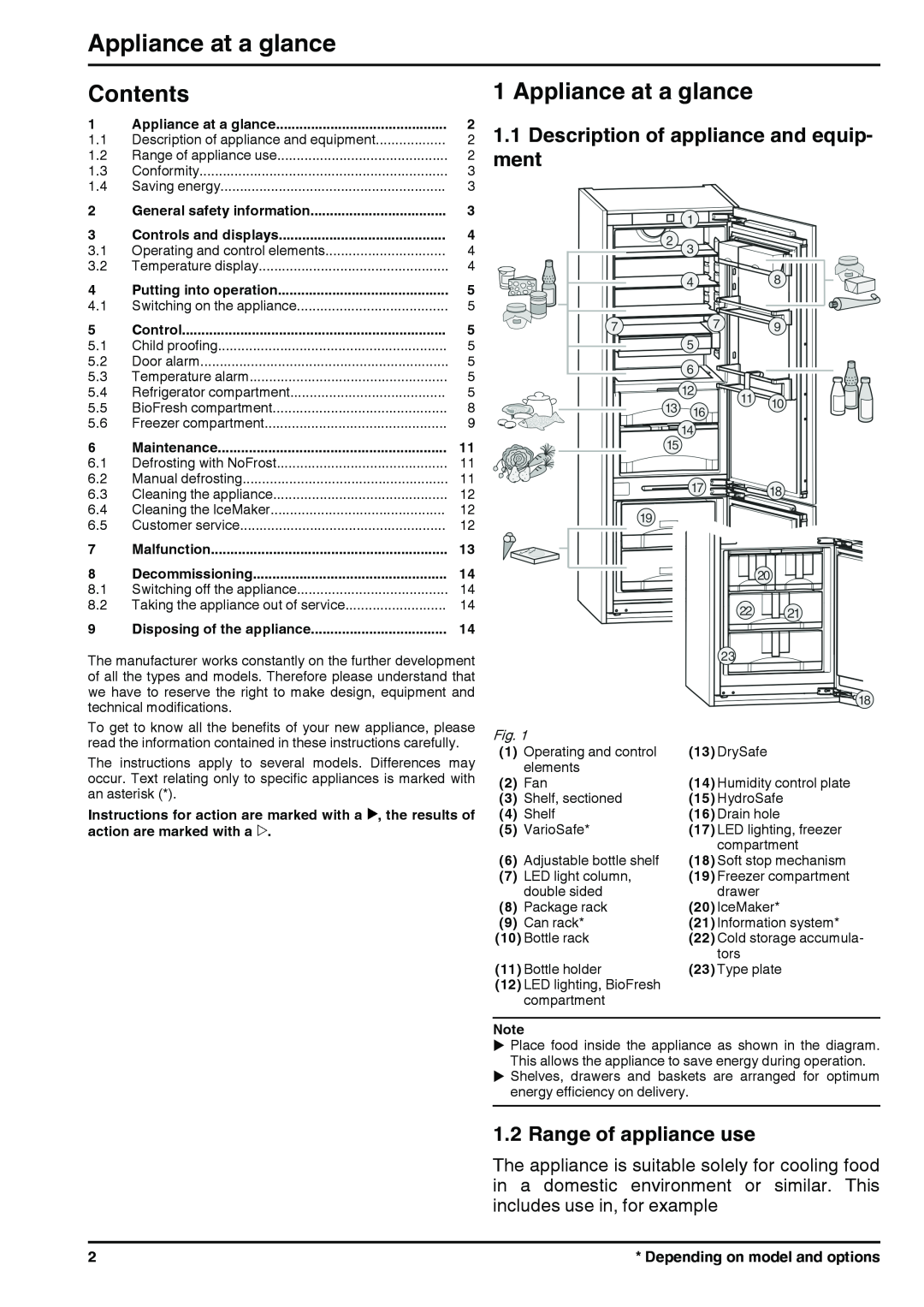 Liebherr 131113 7085462 - 01 Appliance at a glance, Contents, Description of appliance and equip- ment, Control 