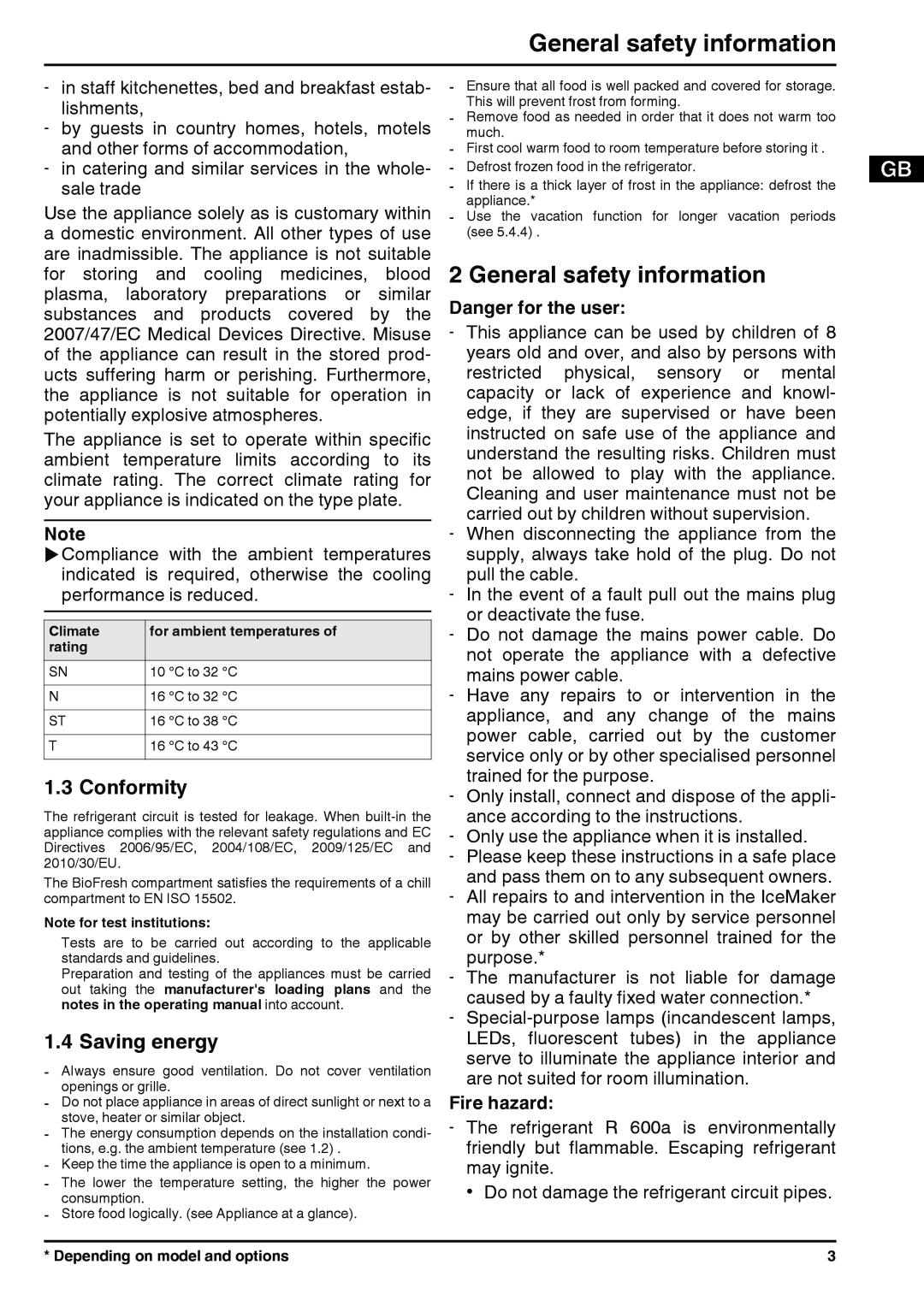Liebherr 131113 7085462 - 01 General safety information, Conformity, Saving energy, Danger for the user, Fire hazard 