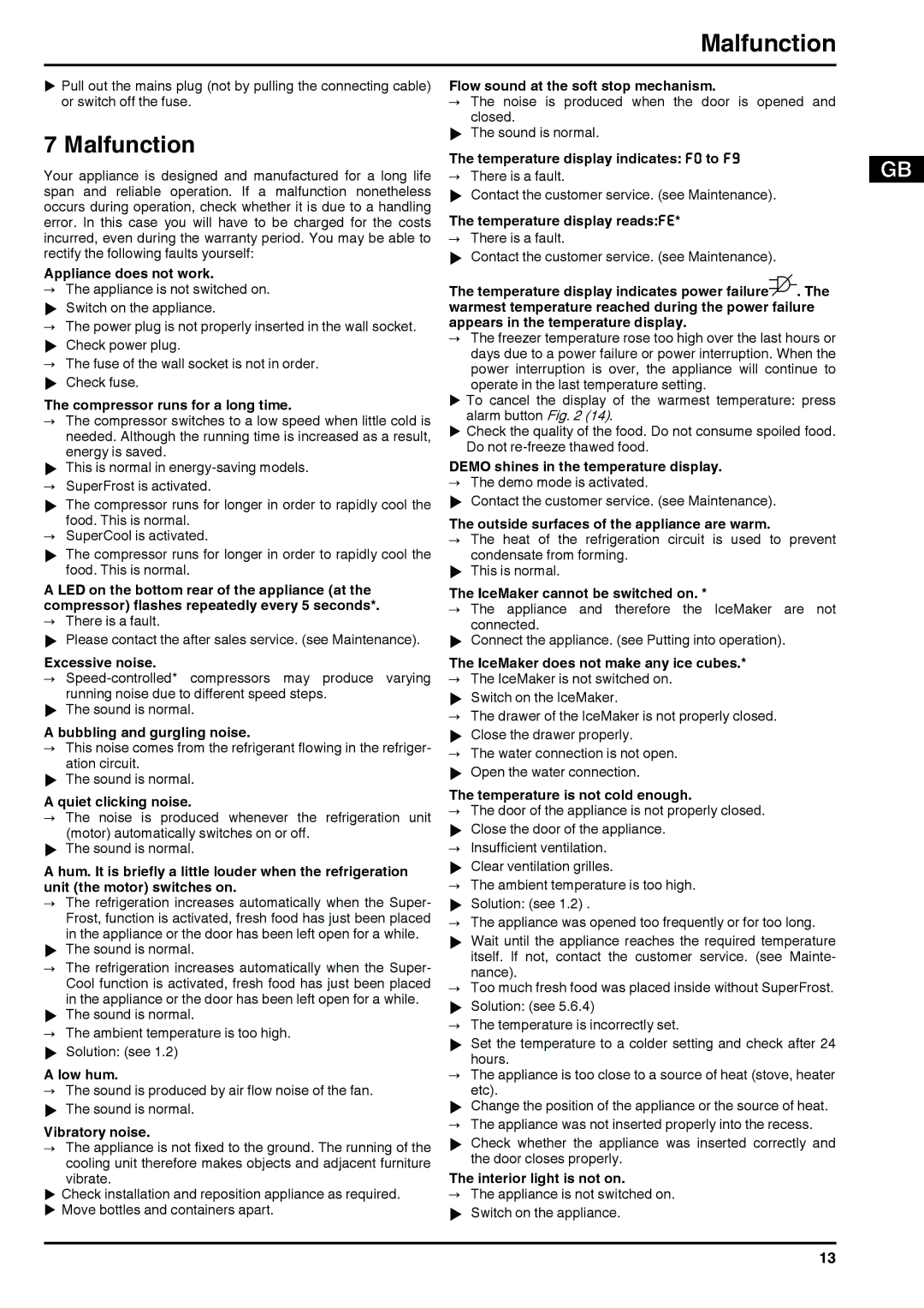 Liebherr 180613 7085462-00 manual Malfunction 