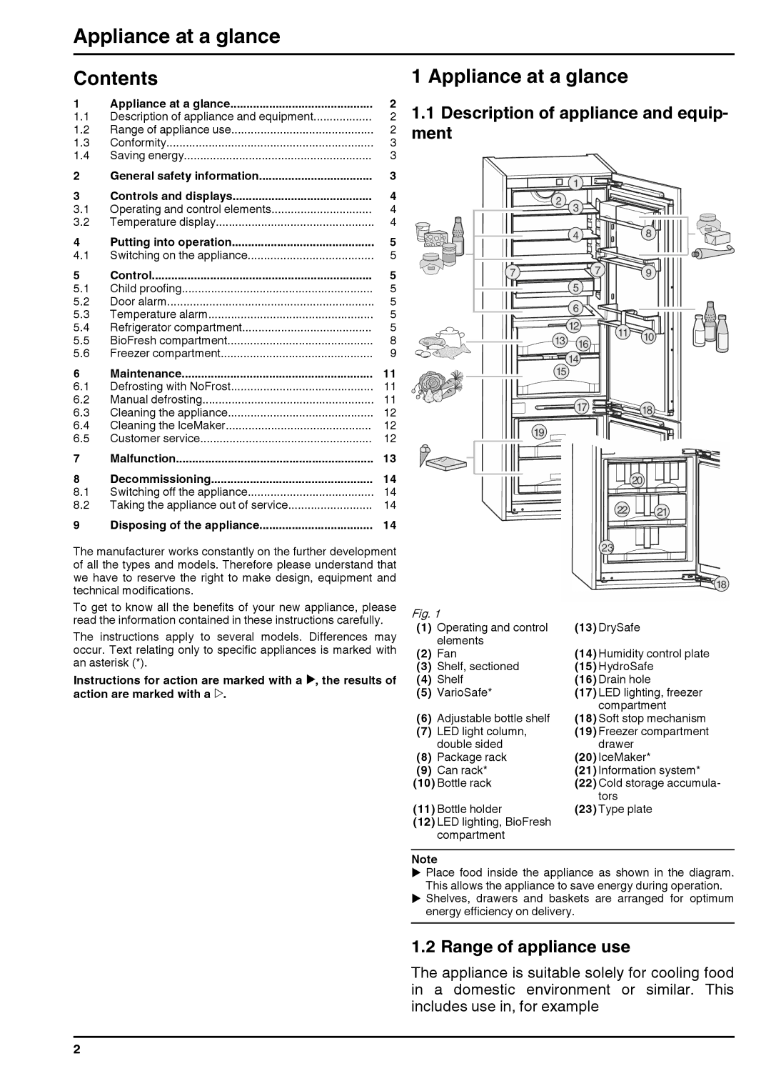 Liebherr 180613 7085462-00 manual Appliance at a glance, Contents 