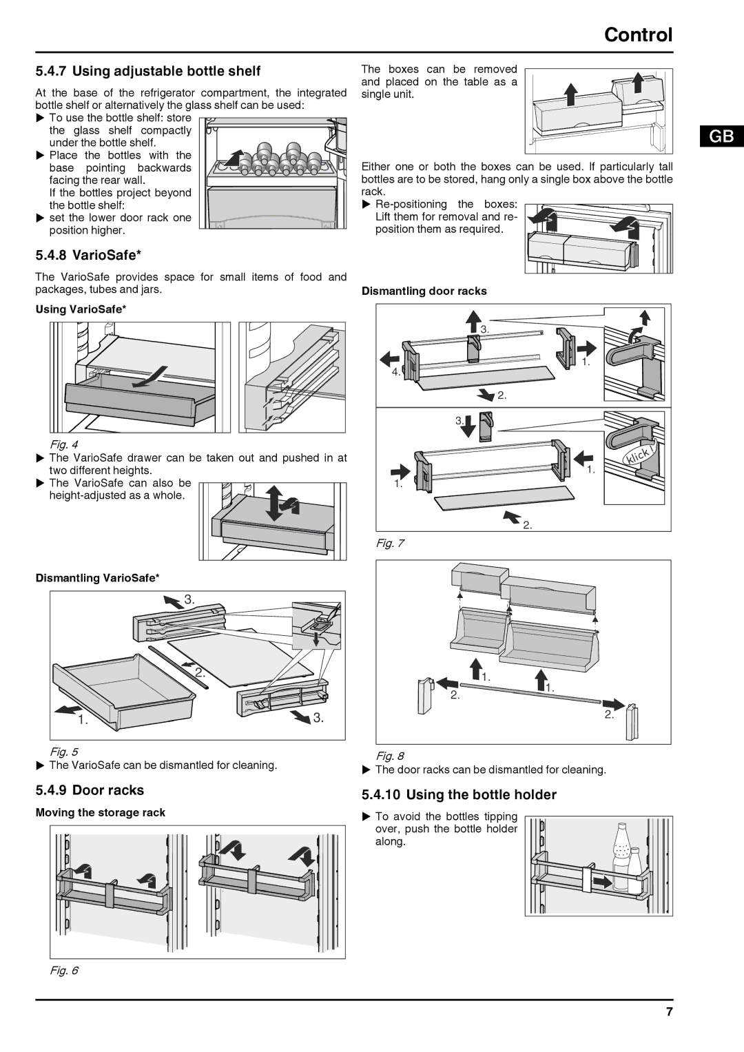 Liebherr 180613 7085462-00 manual Using adjustable bottle shelf, VarioSafe, Door racks, Using the bottle holder 