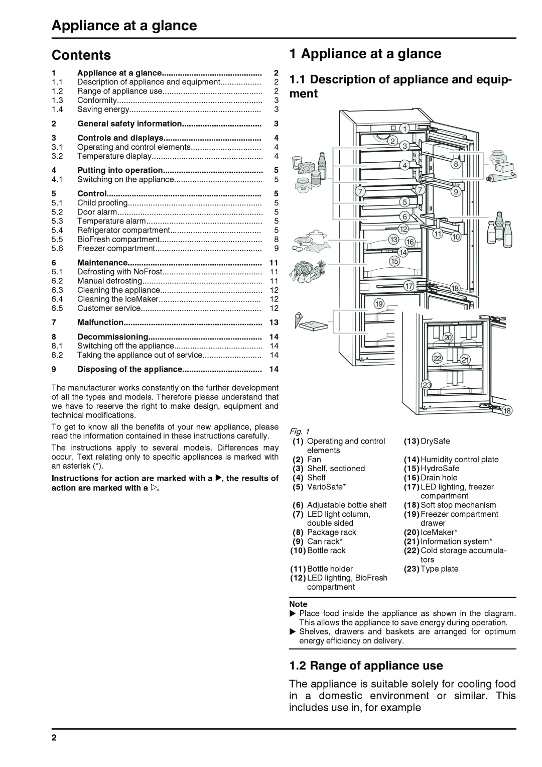 Liebherr 180613 7085462-00 Appliance at a glance, Contents, Description of appliance and equip- ment, Control, Maintenance 