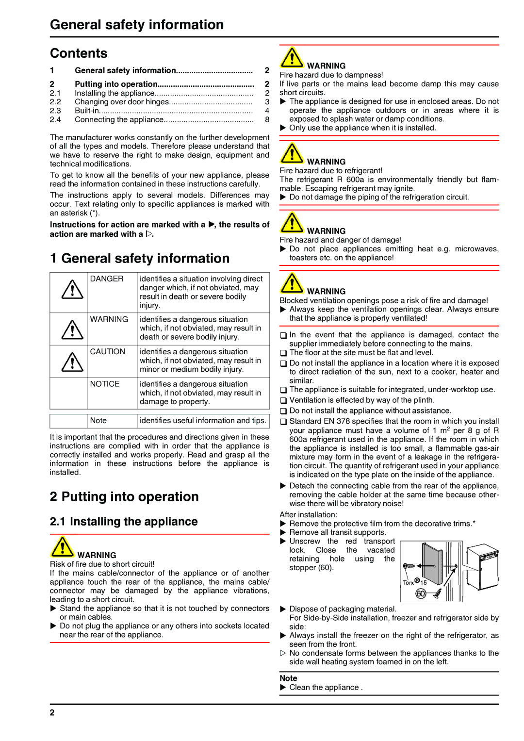 Liebherr 211111 7085270 - 00 installation instructions General safety information, Contents 