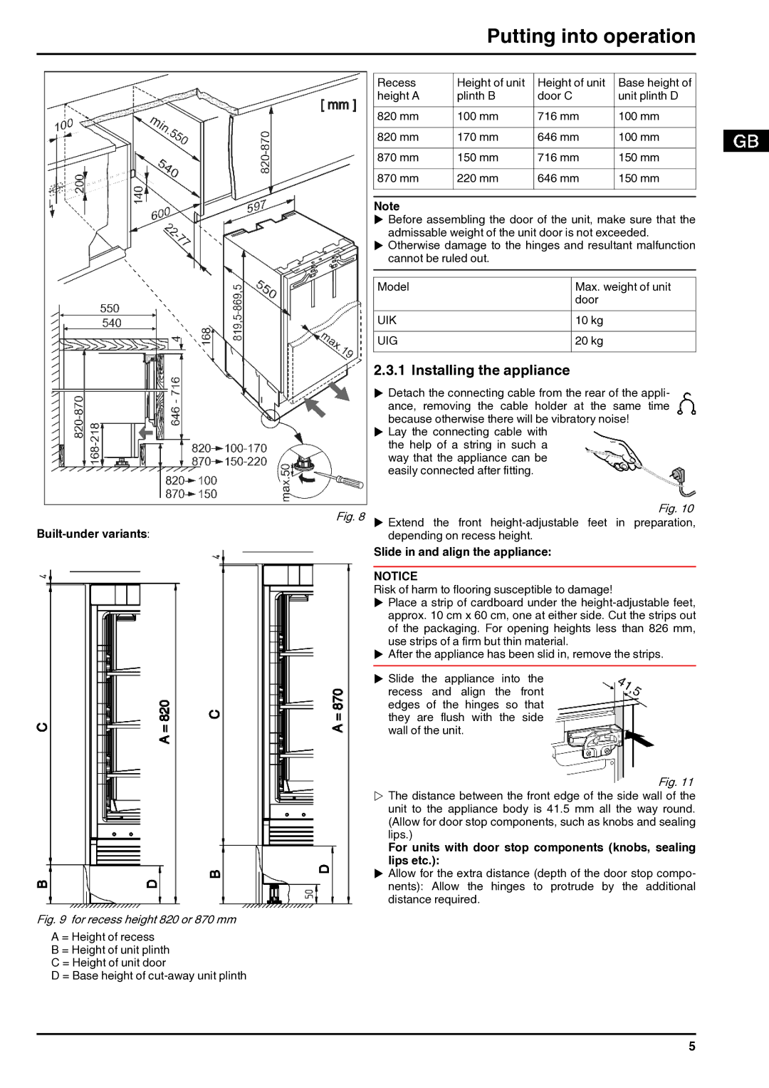 Liebherr 211111 7085270 - 00 installation instructions Installing the appliance, Built-under variants 