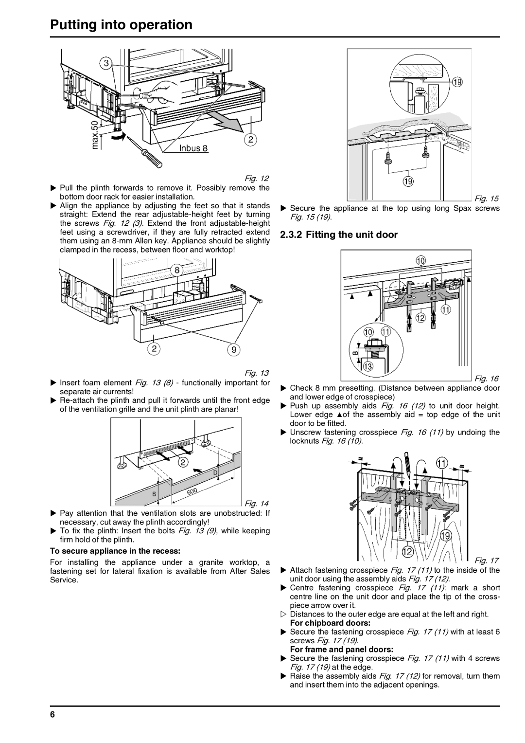 Liebherr 211111 7085270 - 00 Fitting the unit door, To secure appliance in the recess, For chipboard doors 