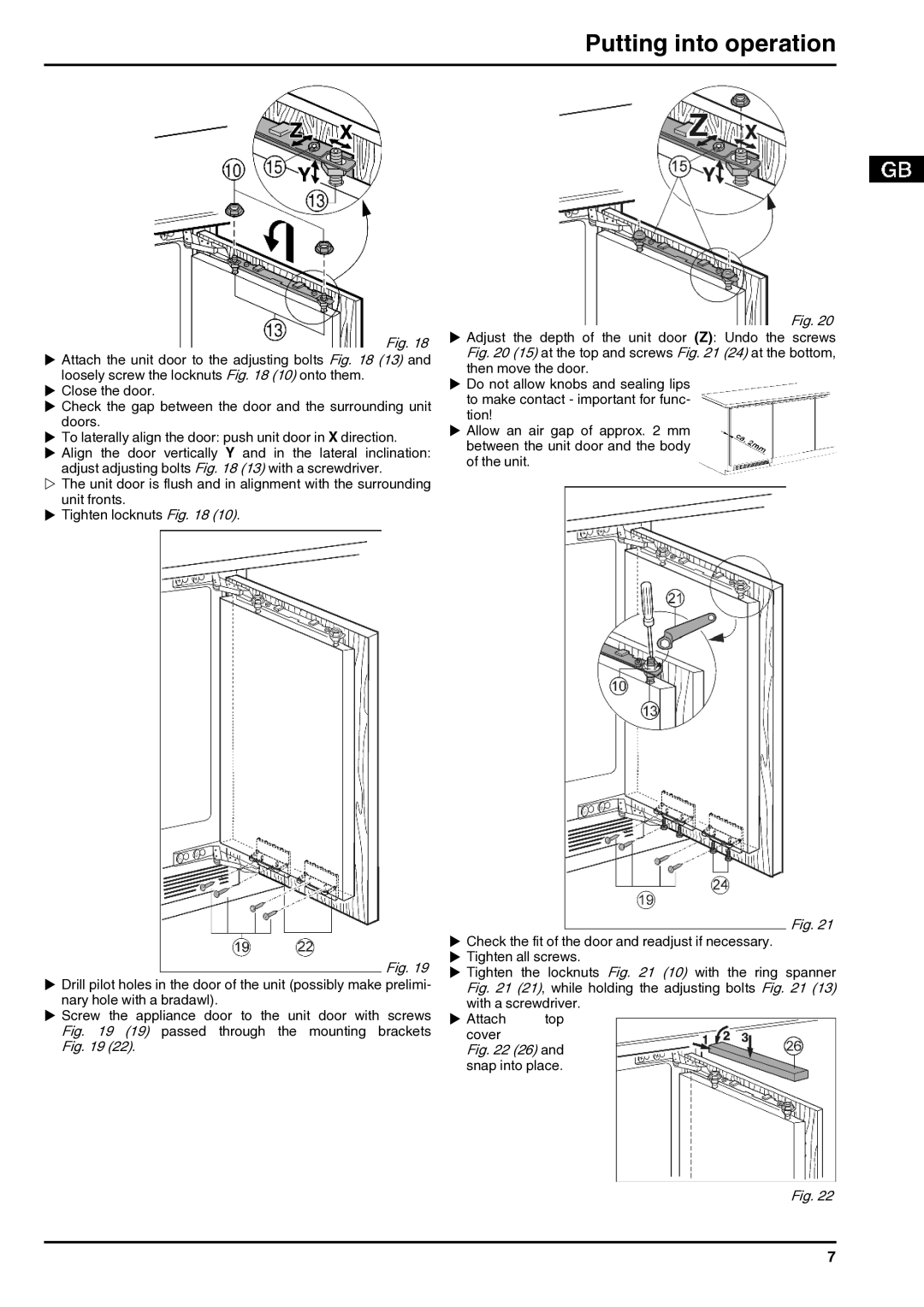 Liebherr 211111 7085270 - 00 installation instructions Attach the unit door to the adjusting bolts 13 