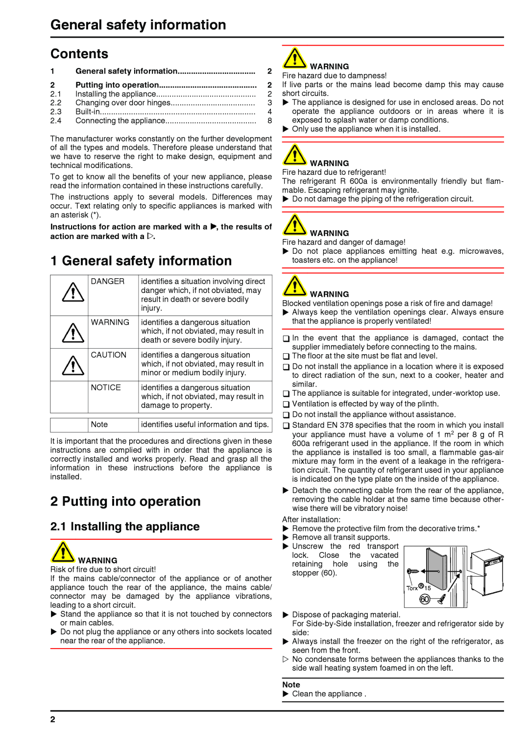 Liebherr 211111 7085270 - 00 General safety information, Installing the appliance, Putting into operation, Contents 