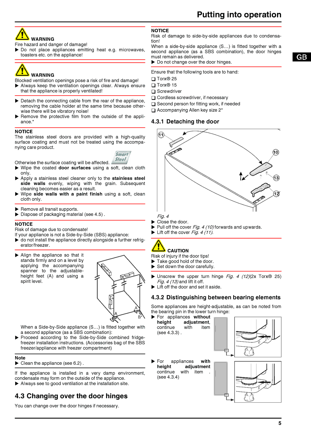 Liebherr 230311 7084644-00 manual Putting into operation, Changing over the door hinges, Detaching the door 