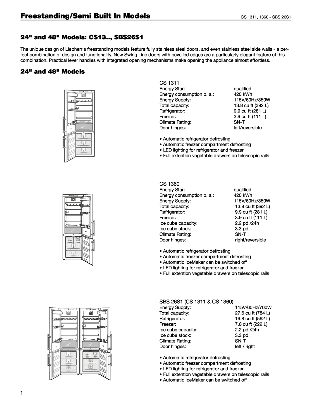 Liebherr 24 manual Freestanding/Semi Built In Models, and 48 Models: CS13.., SBS26S1 