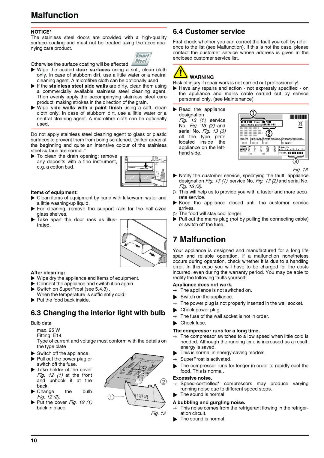 Liebherr 290910 7084364 - 03 operating instructions Malfunction, Changing the interior light with bulb, Customer service 