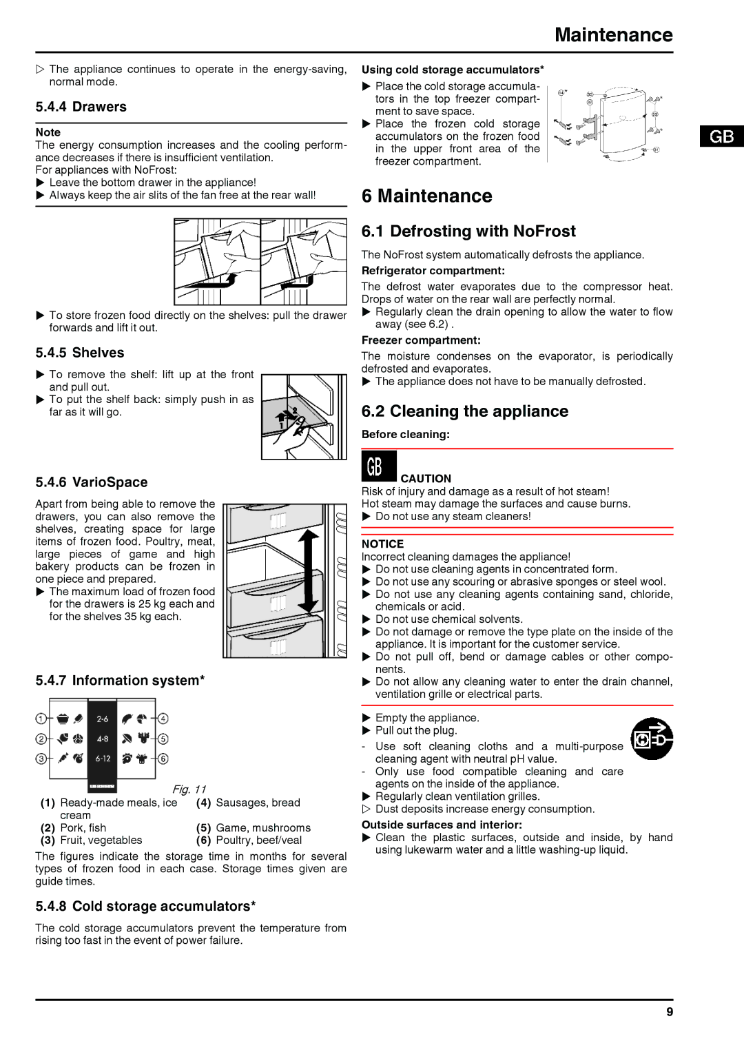 Liebherr 290910 7084364 - 03 operating instructions Maintenance, Defrosting with NoFrost, Cleaning the appliance 