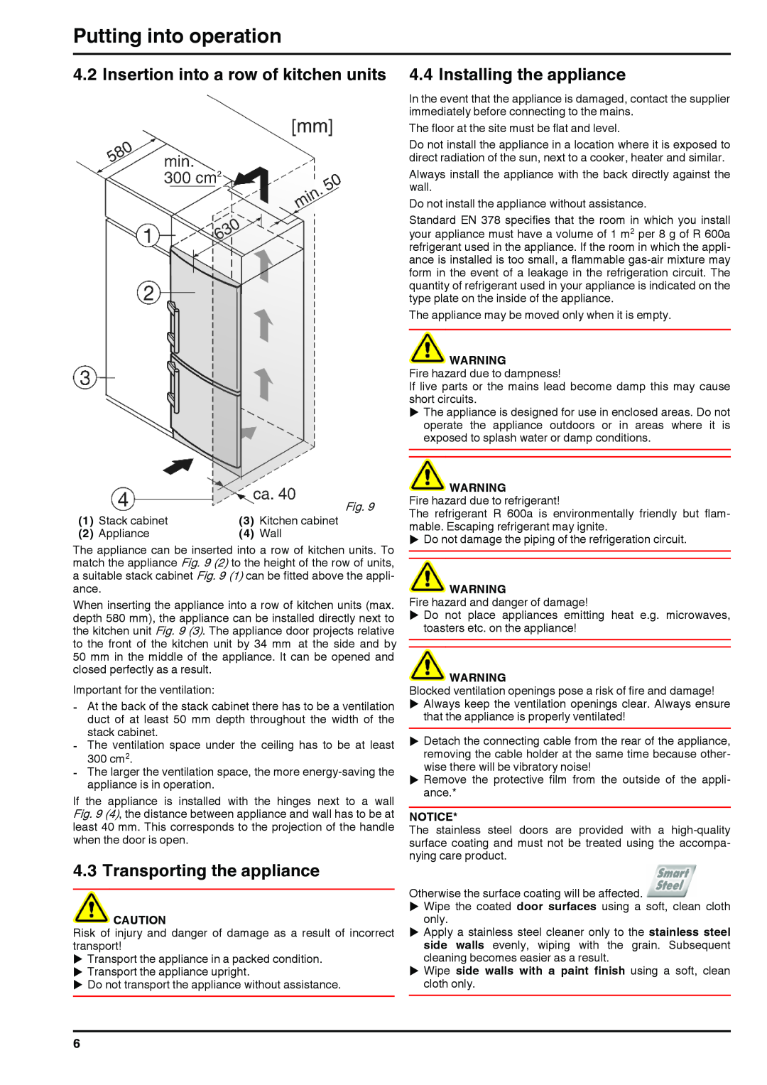 Liebherr 290910 7084364 - 03 operating instructions Transporting the appliance, Putting into operation 