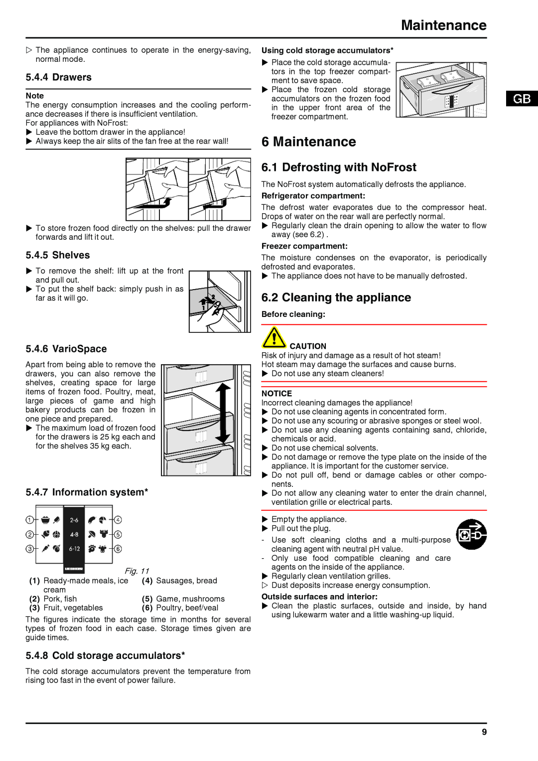 Liebherr 290910 7084364 - 03 Maintenance, Defrosting with NoFrost, Cleaning the appliance, Drawers, Shelves, VarioSpace 