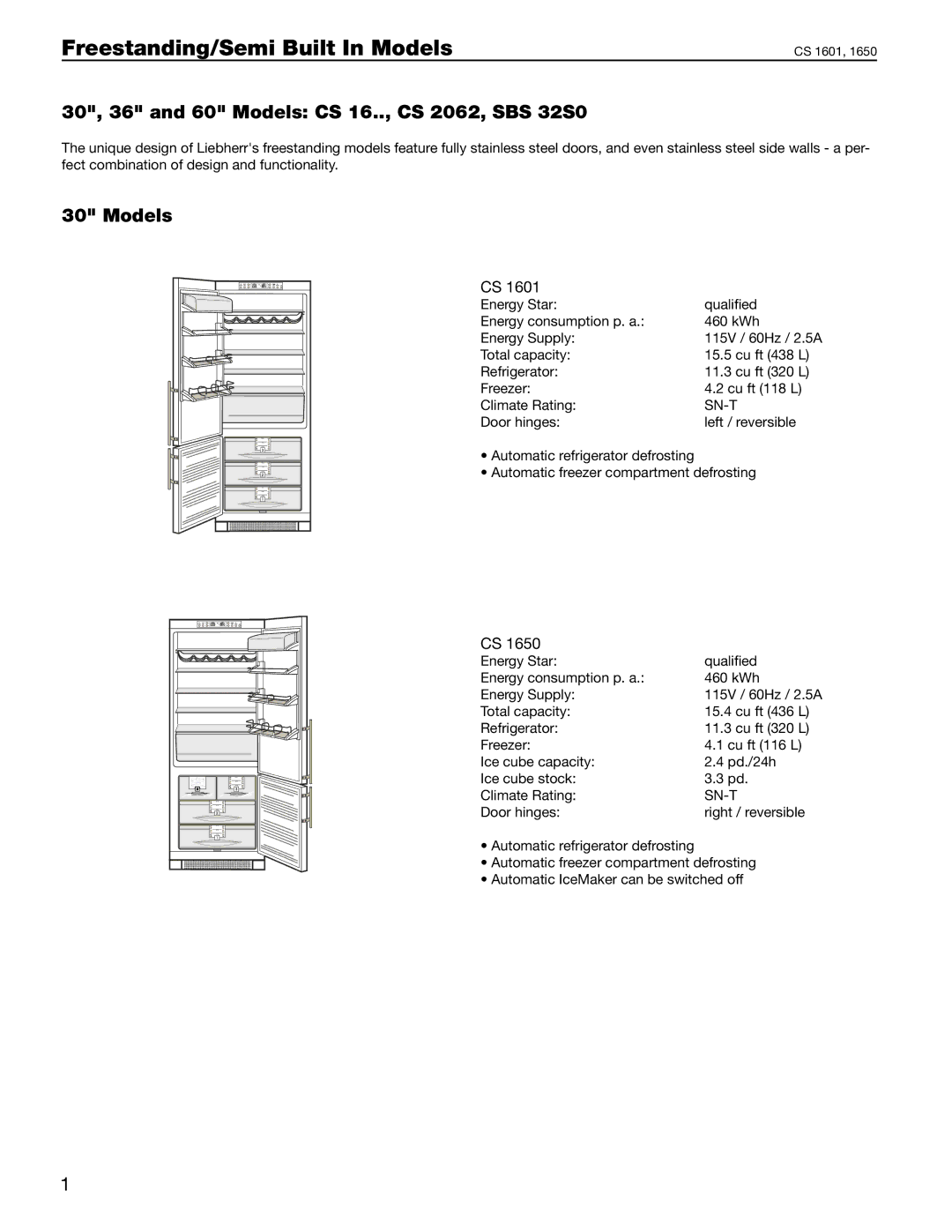 Liebherr manual Freestanding/Semi Built In Models, 30, 36 and 60 Models CS 16.., CS 2062, SBS 32S0 