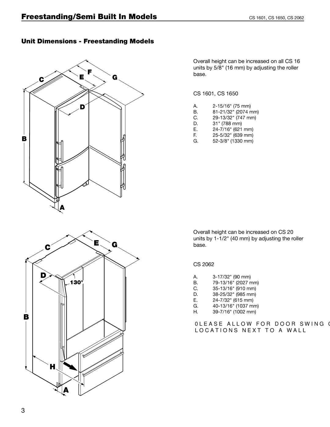 Liebherr 30, 36, 60 manual Unit Dimensions Freestanding Models 