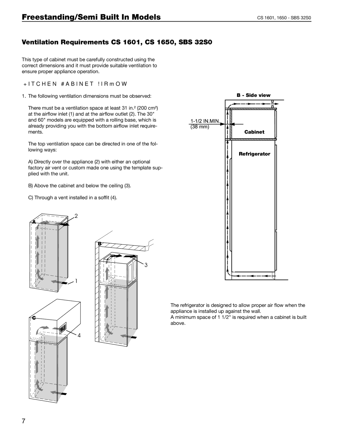 Liebherr 36, 30 manual Ventilation Requirements CS 1601, CS 1650, SBS 32S0, Kitchen Cabinet Airﬂow 