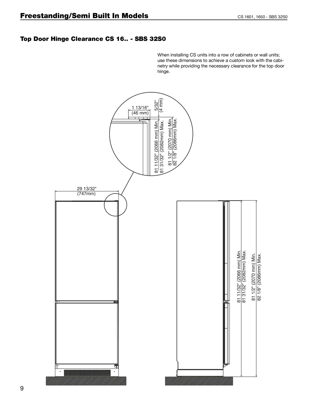 Liebherr 30, 36, 60 manual Top Door Hinge Clearance CS 16.. SBS 32S0 