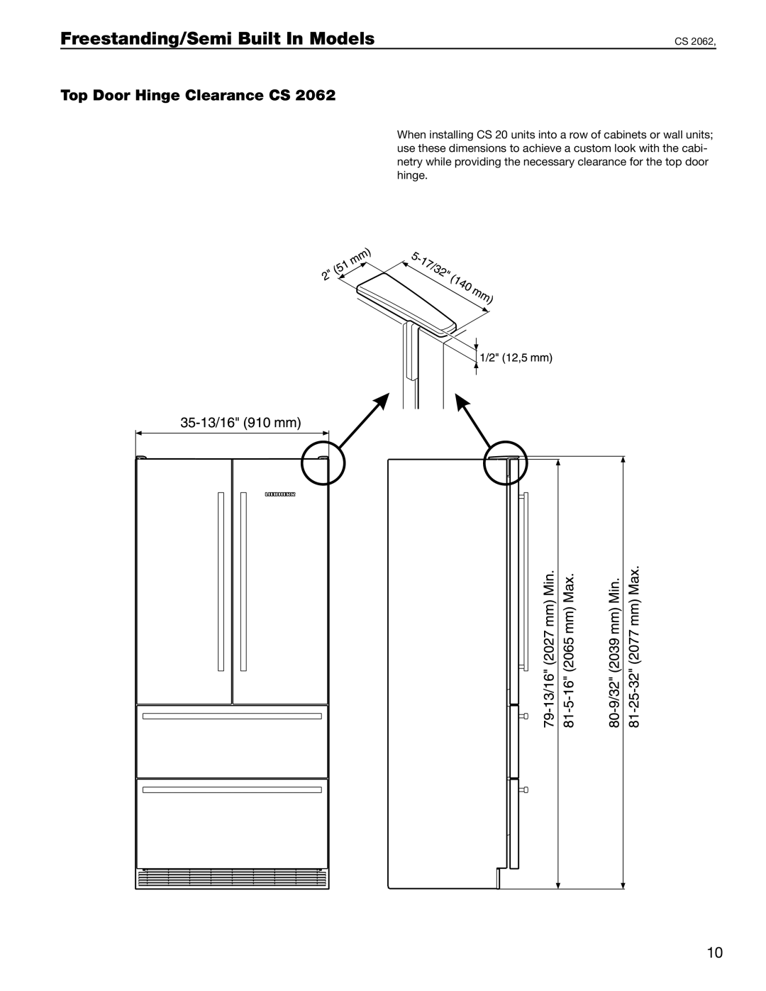 Liebherr 36, 30, 60 manual Top Door Hinge Clearance CS 