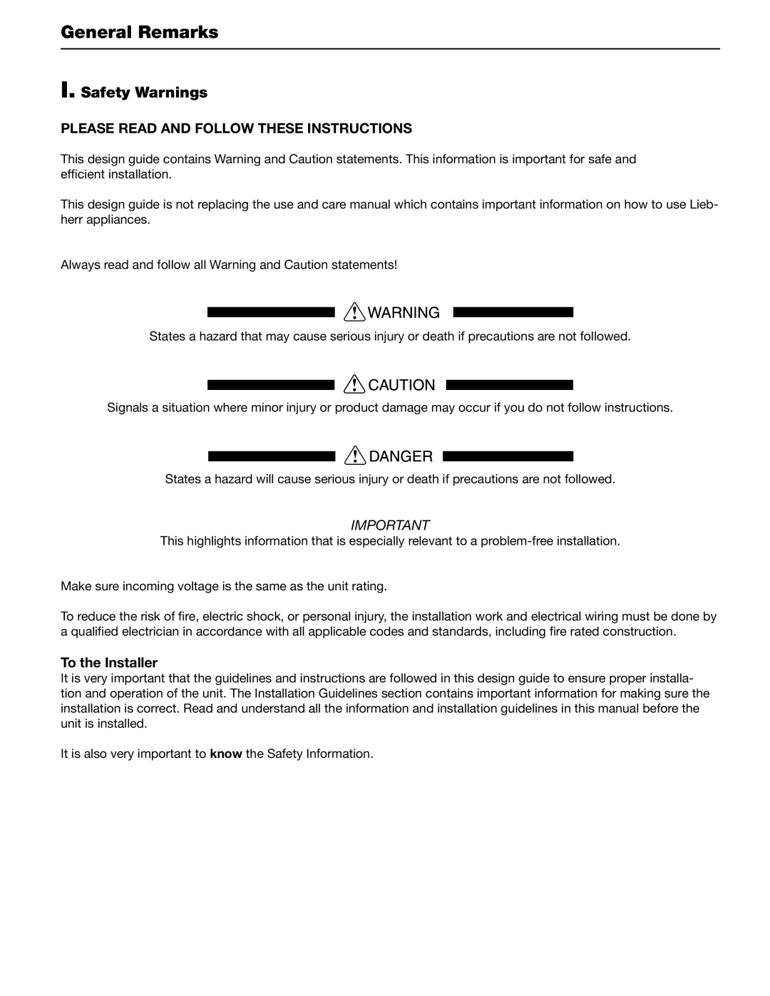 Liebherr 36, 30, 60 manual General Remarks, Safety Warnings, To the Installer 