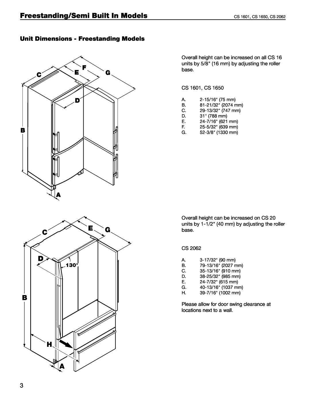 Liebherr 30, 36, 60 manual Unit Dimensions - Freestanding Models, Freestanding/Semi Built In Models 